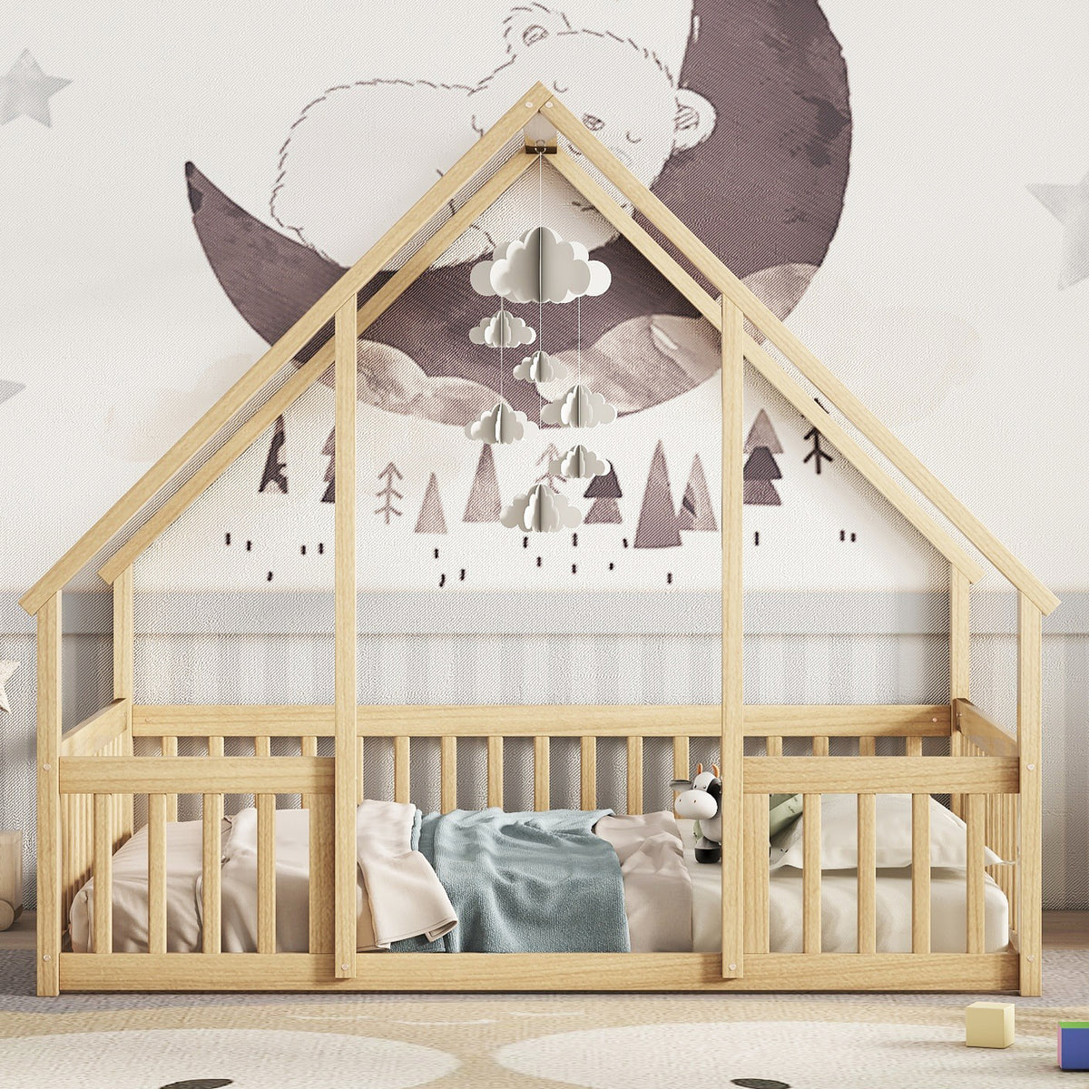 Full Wood House Shaped Floor Bed With Fence, Guardrails,Natural Full Natural American Design Pine
