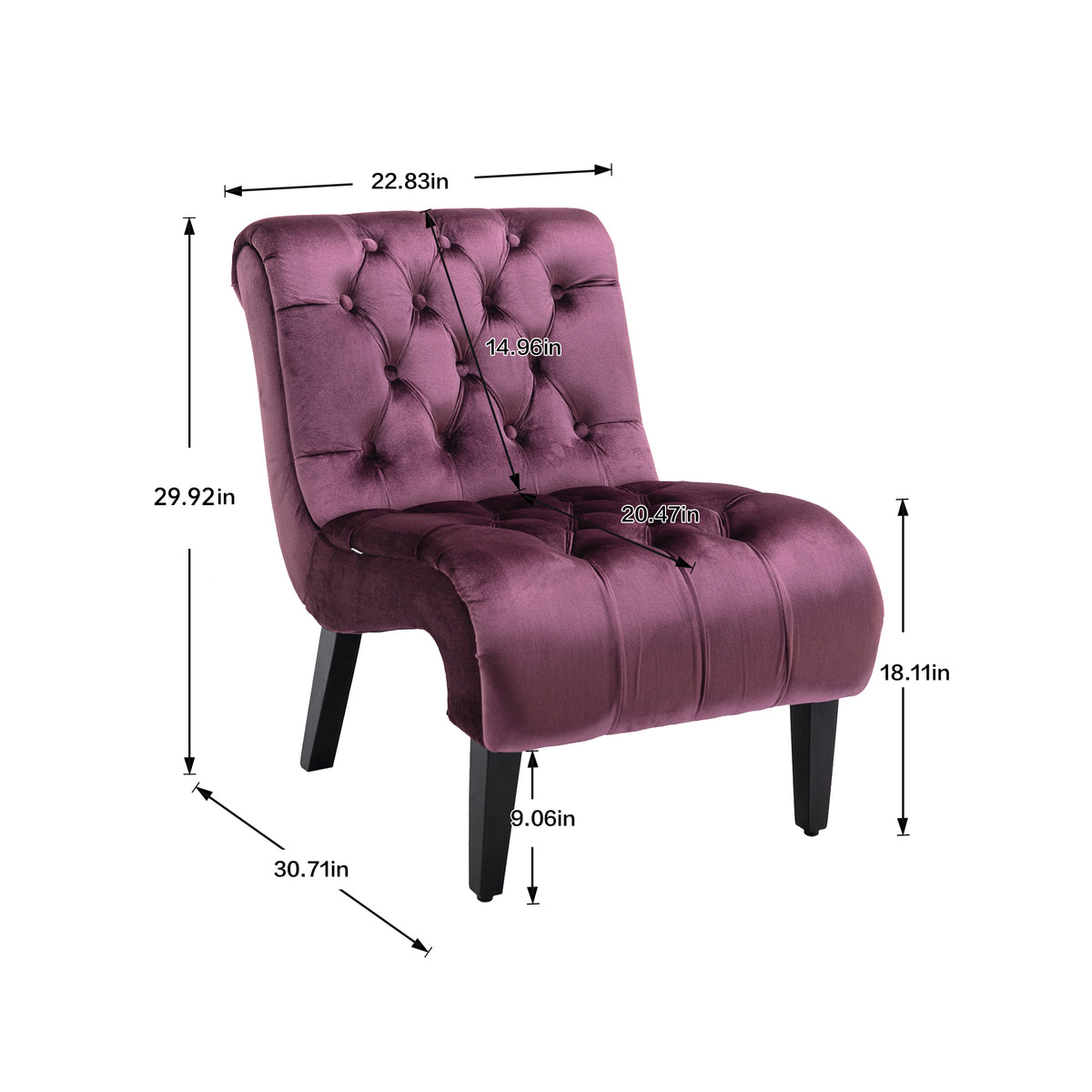 Coolmore Modern Velvet Armless Accent Living Room Chair Leisure Chair,Upholstered Fabric Button Comfortable Chair With Wooden Legs For Bedroom, Living Room, Office Purple Velvet Purple Primary Living Space Foam Velvet