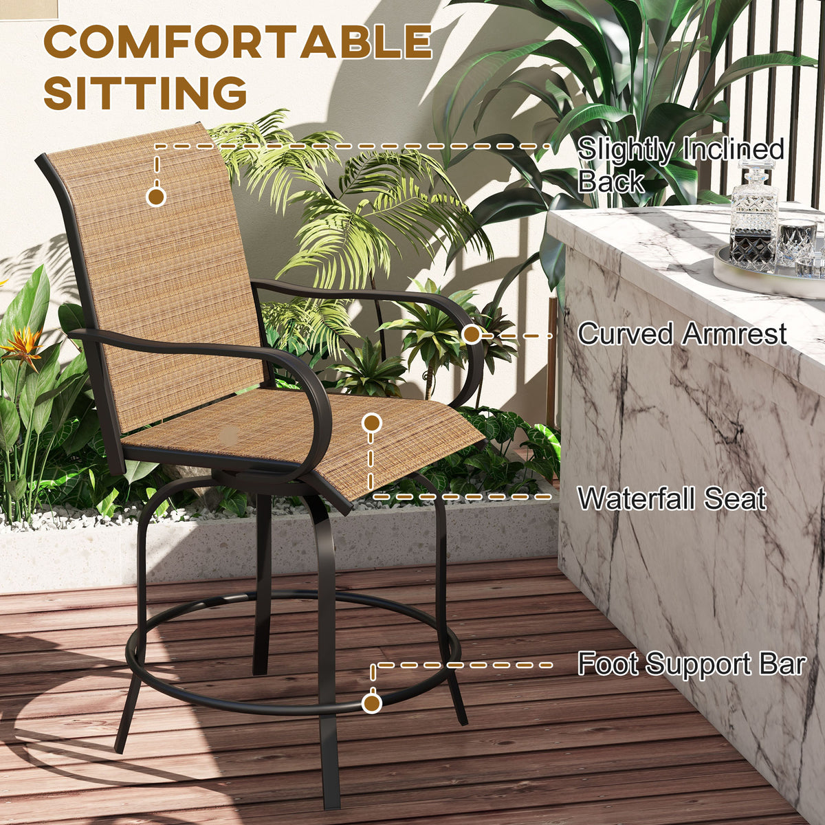 Outsunny Outdoor Bar Stools With Armrests, Set Of 2 360 Swivel Bar Height Patio Chairs With High Density Mesh Fabric, Steel Frame Dining Chairs For Balcony, Poolside, Backyard, Tan Brown Steel
