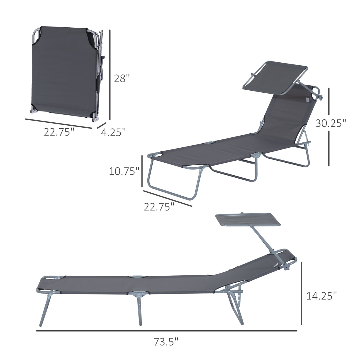 Outsunny Outdoor Lounge Chair, Adjustable Folding Chaise Lounge, Tanning Chair With Sun Shade For Beach, Camping, Hiking, Backyard, Gray Gray Steel