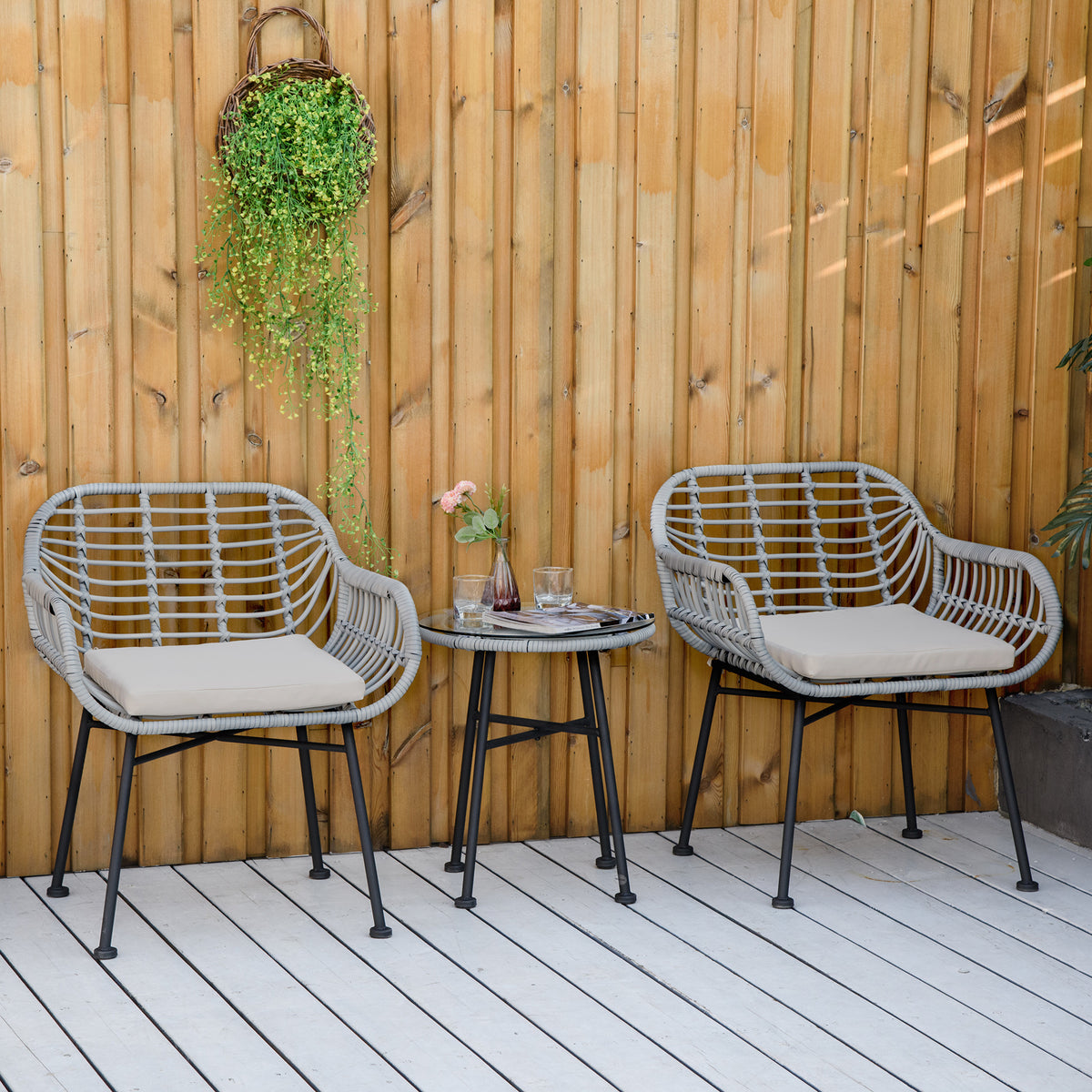 Outsunny 3 Piece Patio Set, Outdoor Bistro Furniture, Pe Rattan Wicker Table And Chairs, Cushioned, Hand Woven, Modern Look With Tempered Glass For Garden, Porch, Pool, Backyard, Cream White Gray White Matte Steel