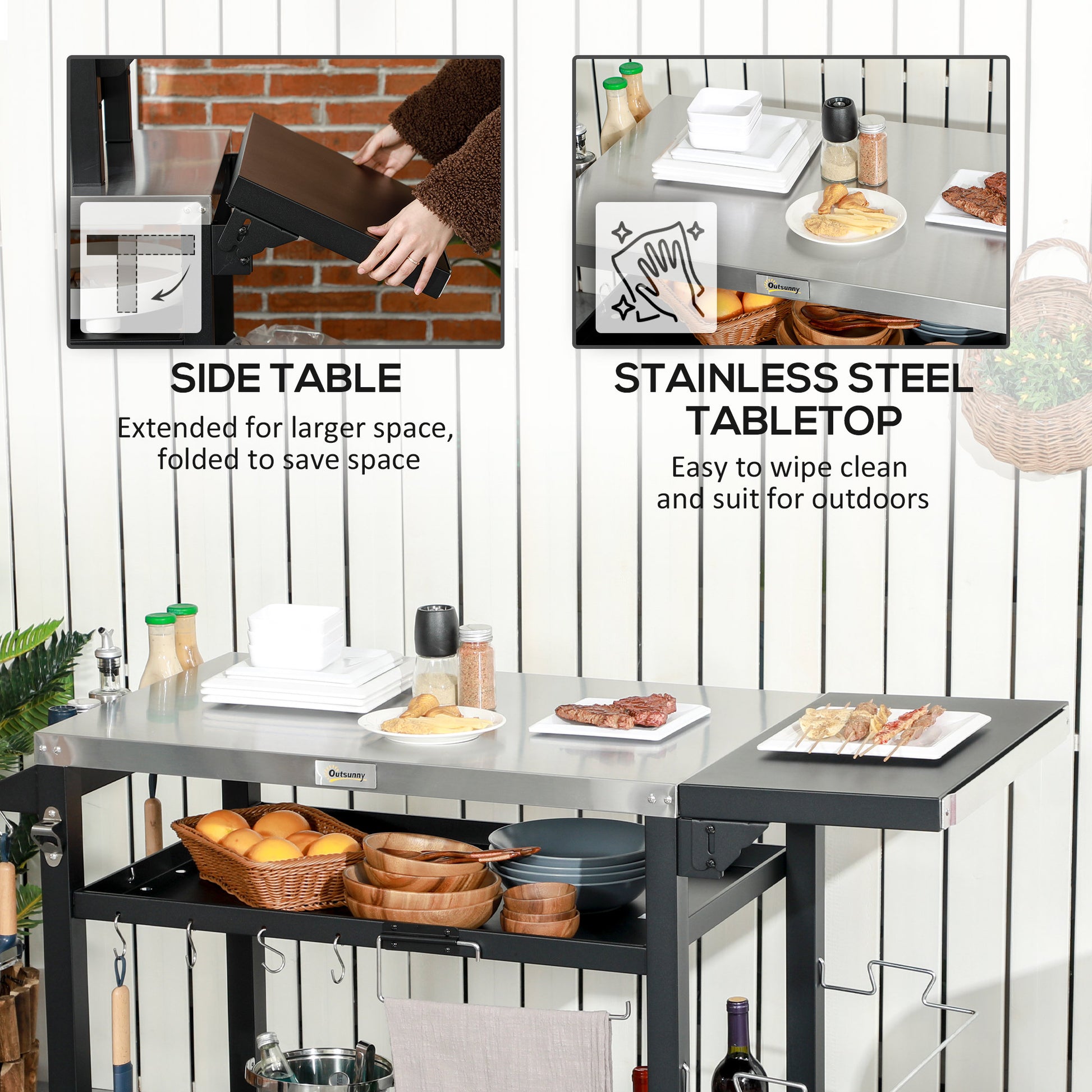 Outsunny Outdoor Grill Cart With Foldable Side Table, 46" X 21.75" Multifunctional Stainless Steel Pizza Oven Stand With Three Shelf, Movable Food Prep Table On Wheels, Black Black Stainless Steel