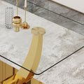 Table And Chair Set.Modern Rectangular Dining Table With Transparent Tempered Glass Tabletop And Gold Plated Metal Legs.Paried With 8 Comfortable Chairs With Pu Seats And Golden Metal Legs. Grey Gold,Transparent Seats 8 Glass Metal