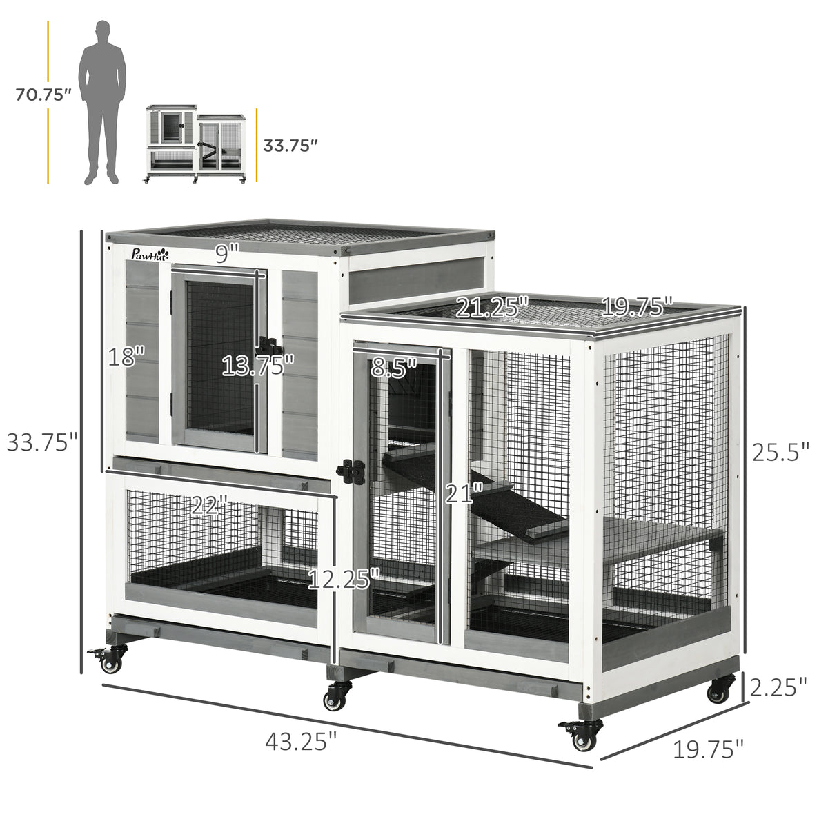 Pawhut Indoor Rabbit Hutch, Three Story Wooden Rabbit Cage Bunny Hutch With Runs, Wheels, Waterproof Roof And Removable Trays, Gray Gray Wood