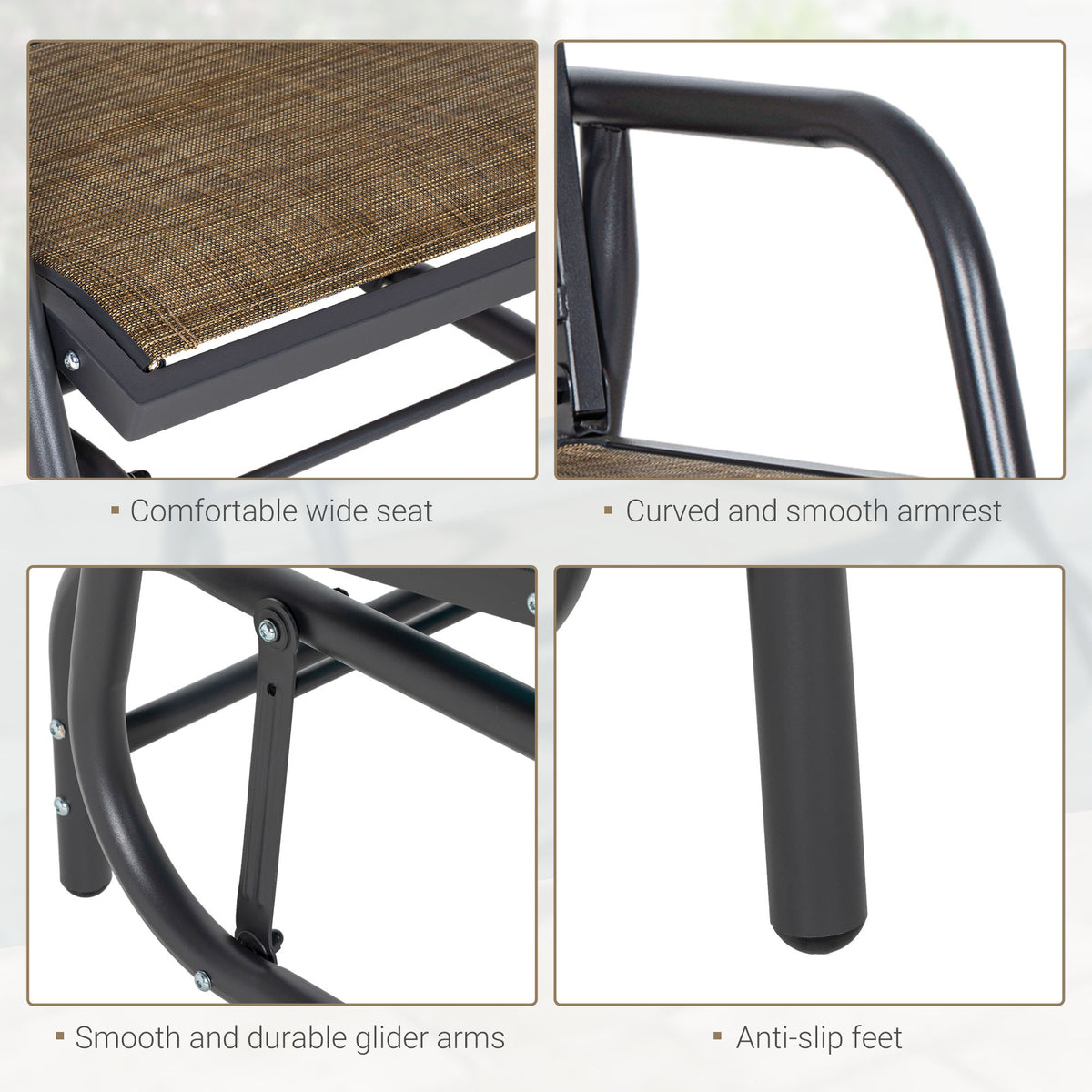 Outsunny Porch Glider, Metal Frame Swing Glider Chair Withmesh Fabric, Curved Armrests And Steel Frame For Garden, Poolside, Backyard, Balcony, Light Mixed Brown Brown Fabric Metal