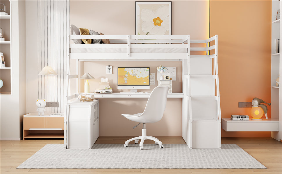 Full Size Loft Bed With 7 Drawers 2 Shelves And Desk White Full White Plywood