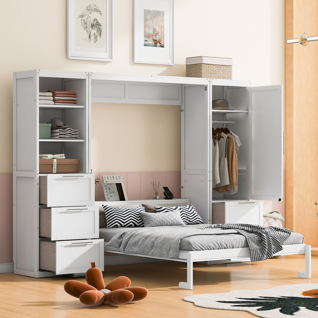 Queen Size Murphy Bed Wall Bed With Closet ,Drawers And Shelves,White Queen White Mdf Lvl