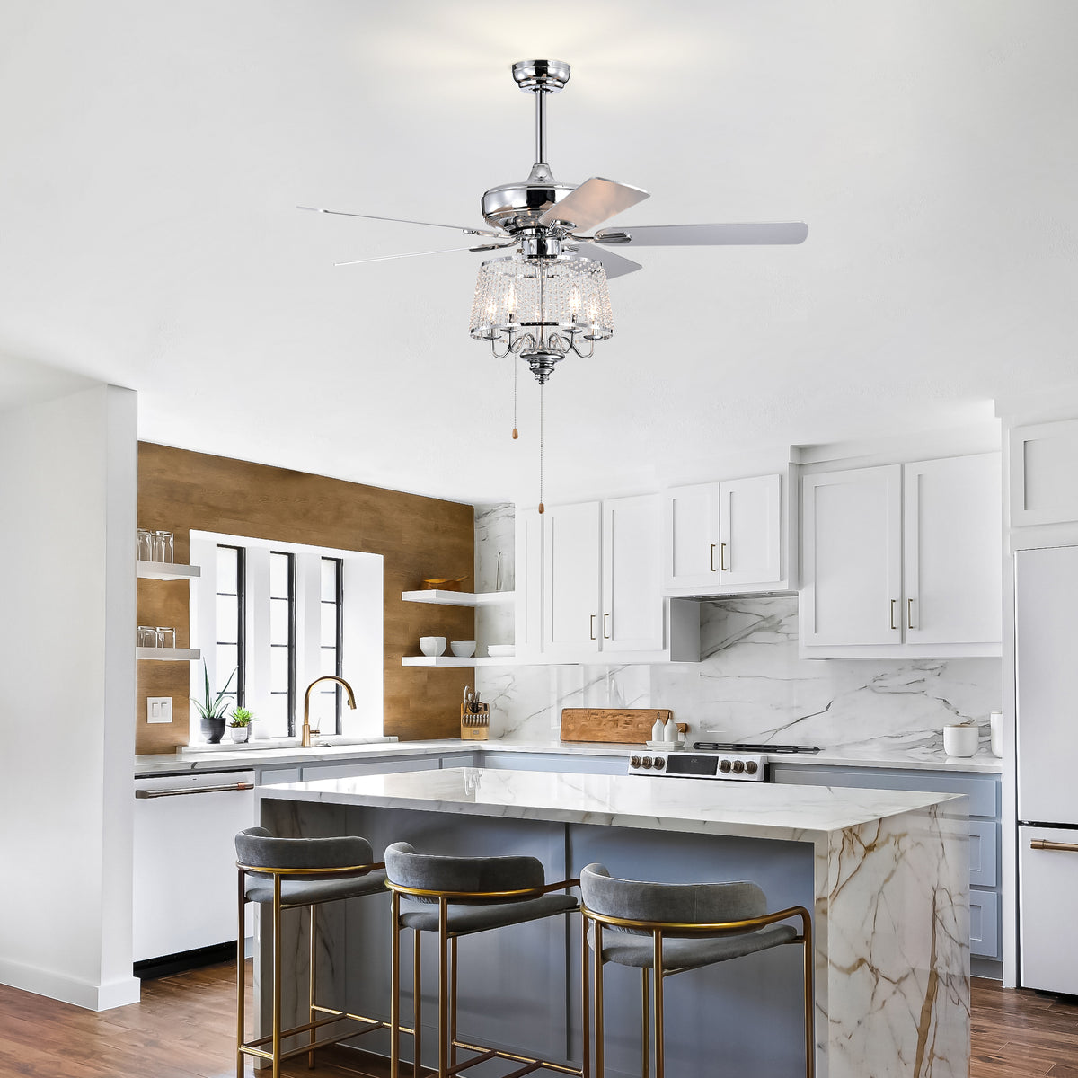 52 Inch Crystal Ceiling Fanmodern Electrical Fan With 5 Wood Reversible Blades, 4 Bulbs Not Included,Noiseless Reversible Ac Motor For Bedroom Living Room Study Patio Home Decoration Chrome Chrome Contemporary,Modern Crystal Metal