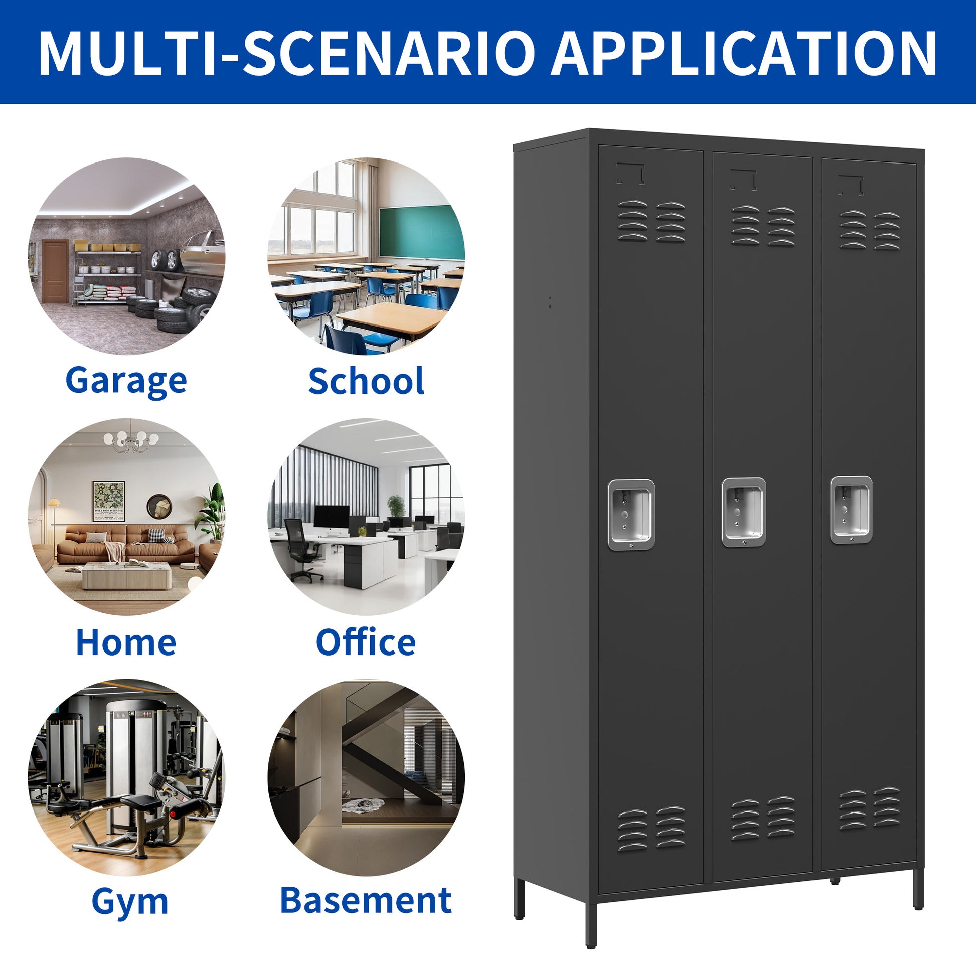 3 Door 72"H Metal Lockers With Lock For Employees,Storage Locker Cabinet For Home Gym Office School Garage,Black Freestanding 5 Or More Spaces Black Gym Door Locks Modern Metal Metal