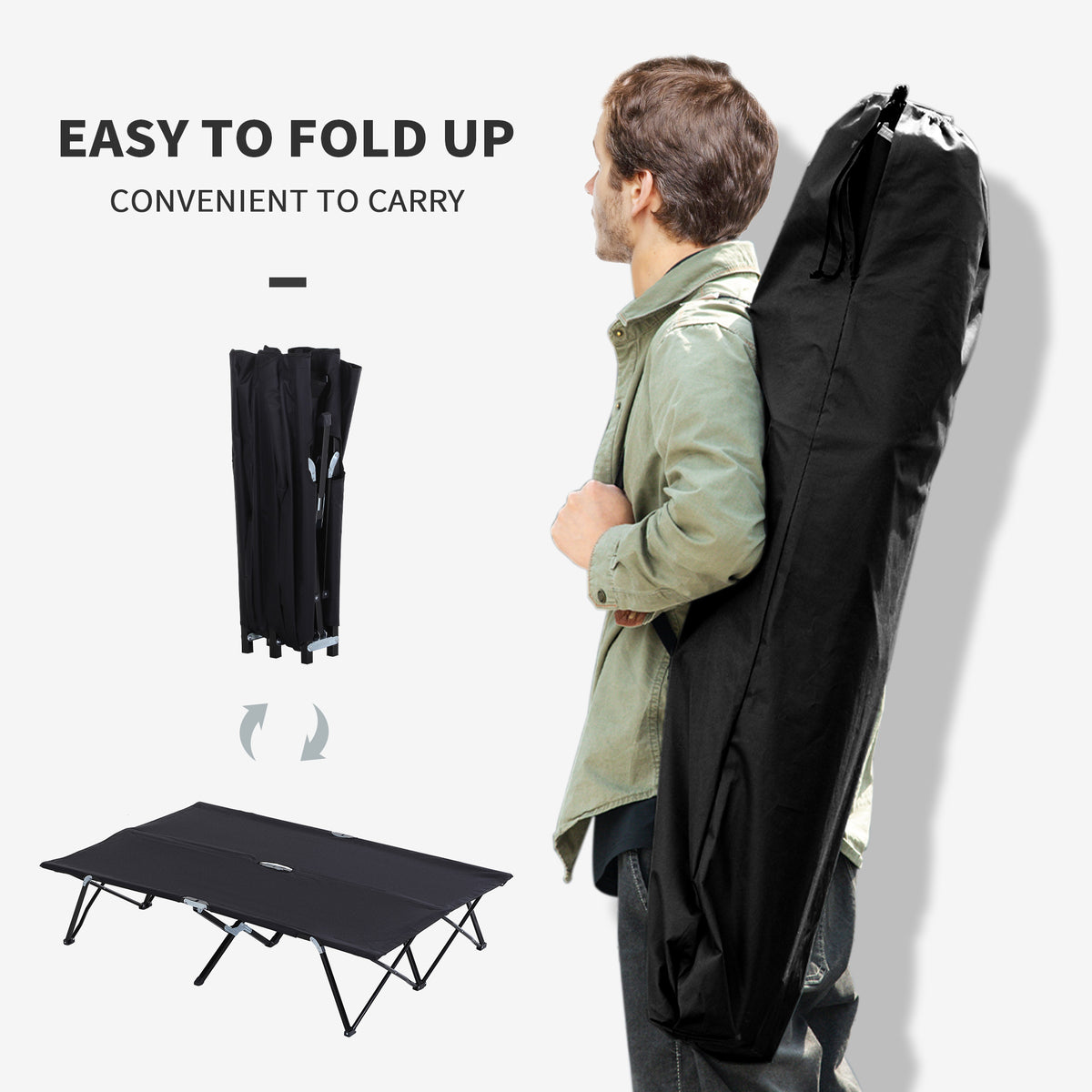 Outsunny 2 Person Folding Camping Cot For Adults, 50" Extra Wide Outdoor Portable Sleeping Cot With Carry Bag, Elevated Camping Bed, Beach Hiking, Black Black Steel