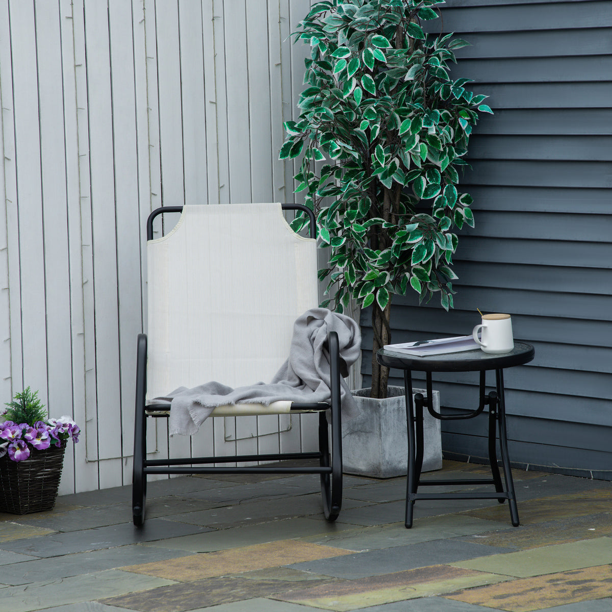 Outsunny Garden Rocking Chair, Outdoor Indoor Sling Fabric Rocker For Patio, Balcony, Porch, Cream White Cream White Steel