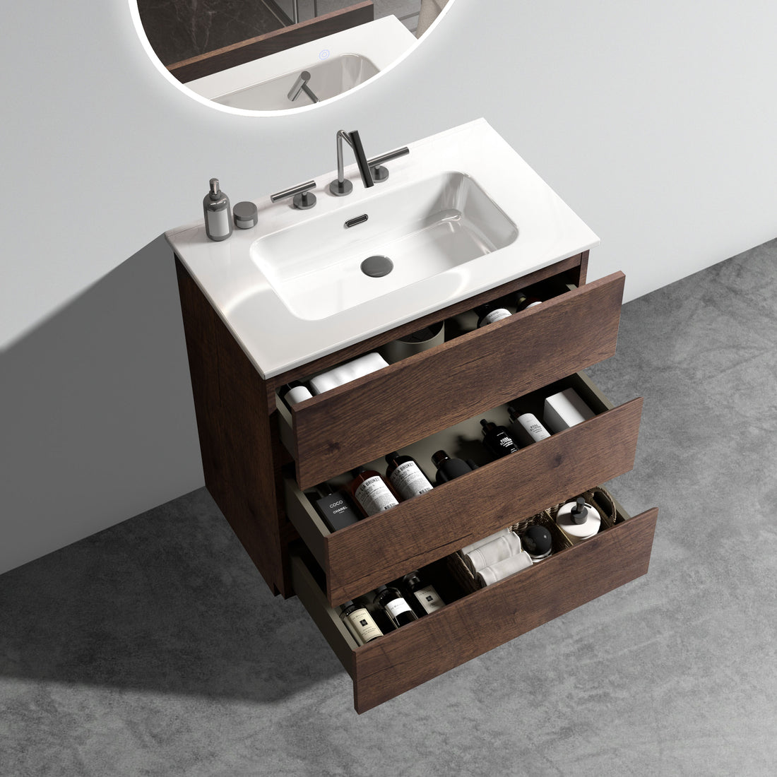Tia 30" Walnut Bathroom Vanity With Sink With 3 Faucet Holes, Large Storage Freestanding Bathroom Vanity For Modern Bathroom, One Piece White Sink Basin Without Drain And Faucet, Pre Assemble White