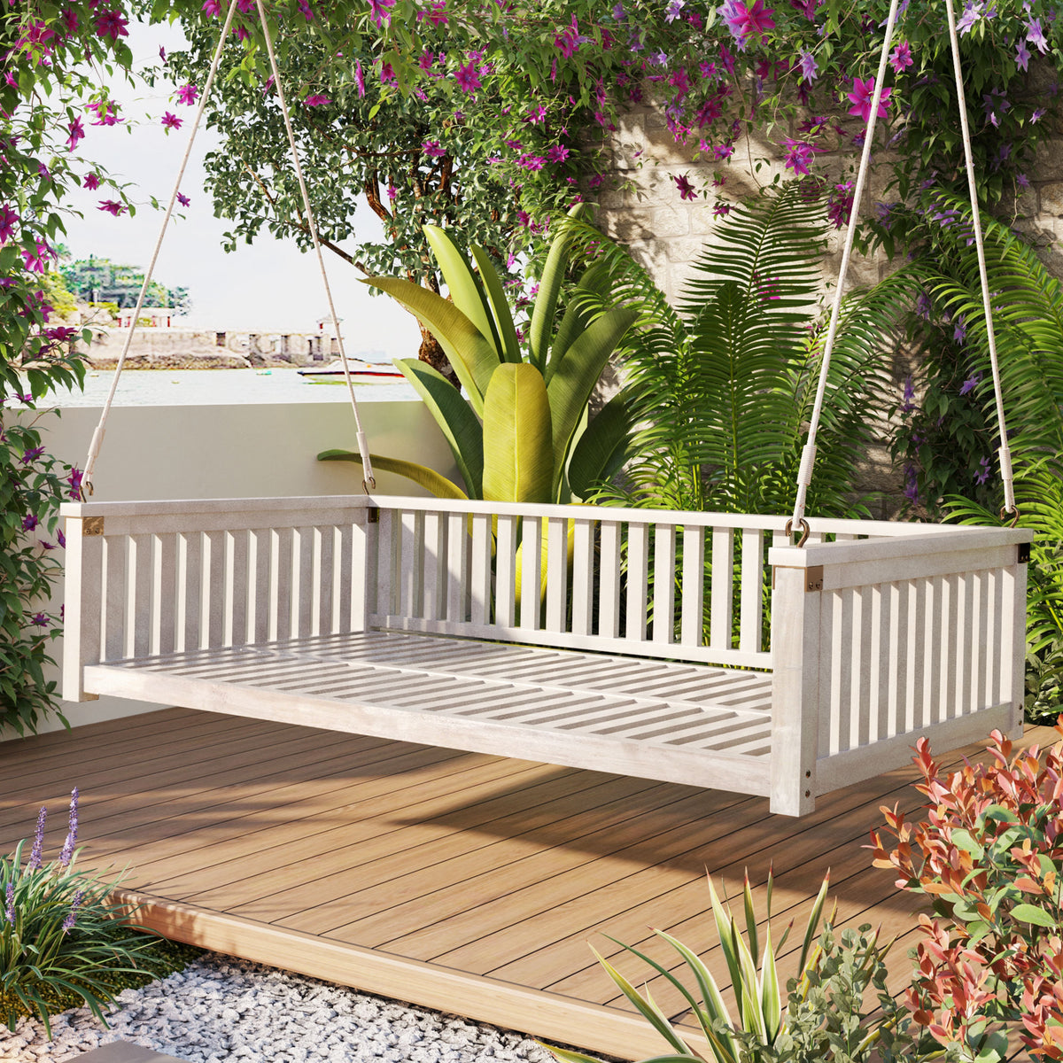 Patio Minimalist Twin Size Garden Swing Bed Wood Porch Swing With Ropes For Backyard, Safe Sloped Design, White White Weather Resistant Frame Garden & Outdoor Minimalist 2 Person Seating Group