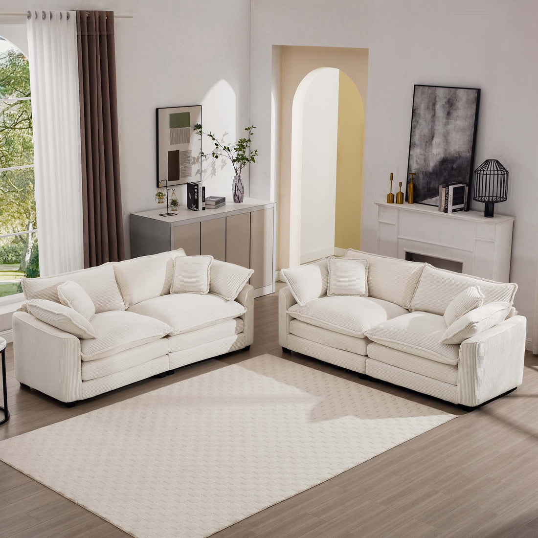 Modern Fabric Living Room Sofa Two Pieces Set, Two 2 Seater Sofas With 8 Cushions,Upholstery Large Deep Seat Sofa Set, Light Beige Corduroy Fabric Beige Corduroy 4 Seat