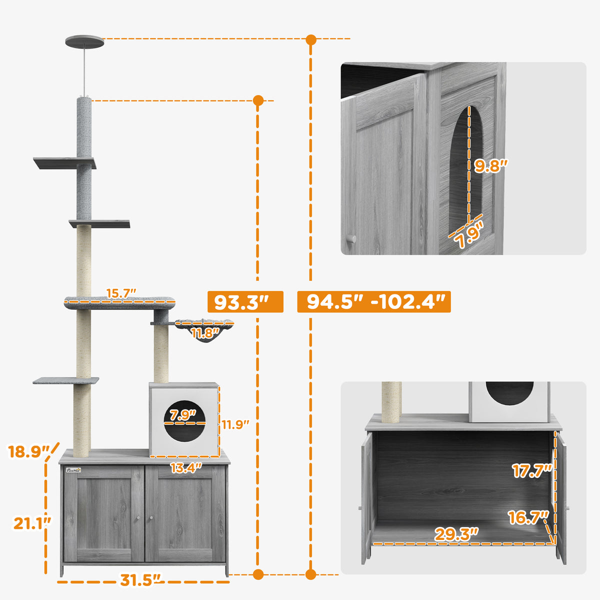 Pawhut Cat Tree With Litter Box Enclosure, 2 In 1 Floor To Ceiling Cat Tower Litter Box Furniture With Condo, Bed, Hammock, Scratching Posts, And Platforms For Indoor Use, Gray Grey Polyester