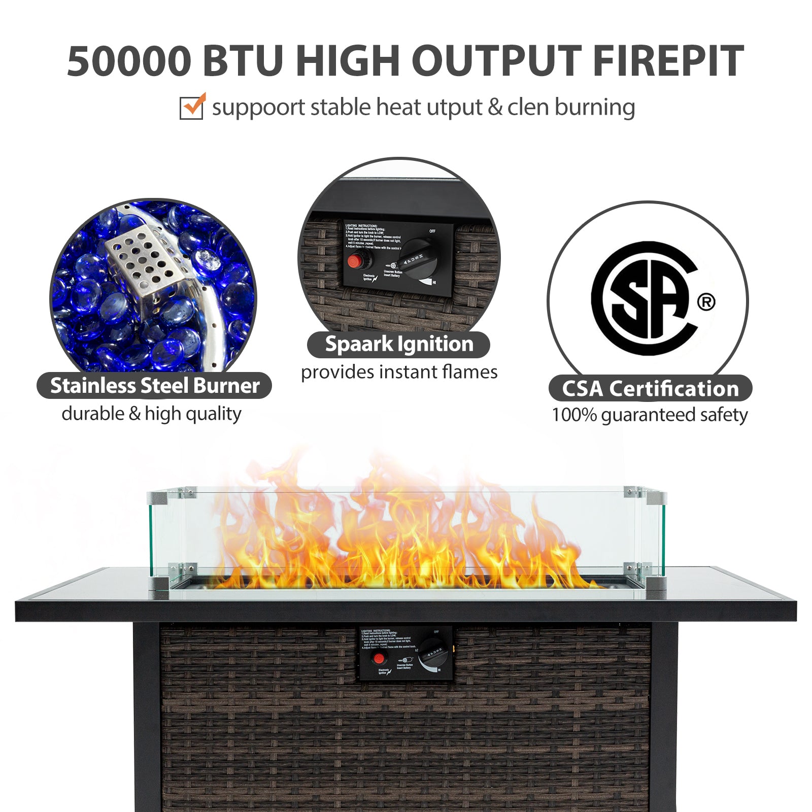 Outdoor Fire Pit 50,000 Btu Propane Gas Fire Table With Lid Fireplace With Glass Wind Guard Wicker Base For Garden, Patio, Backyard, 44" Black Brown Garden & Outdoor Modern Pe Rattan Iron,Rattan