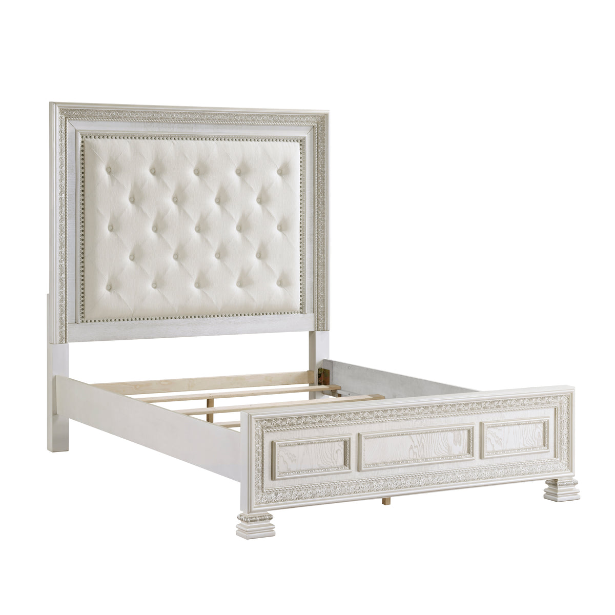 Classic Luxury Pearl White Finish Queen Bed Button Tufted Upholstered Headboard Bedroom Furniture 1Pc, Dart Molding Design Panels Box Spring Required Queen White Wood Bedroom Bed Frame Polyester