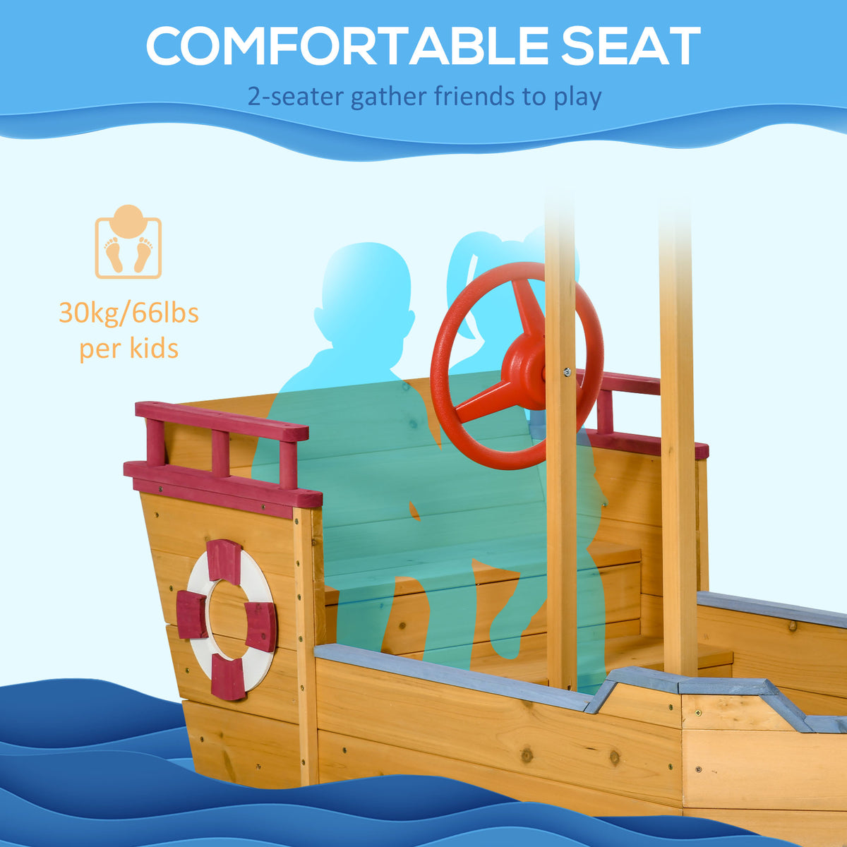 Outsunny Pirate Sandbox With Cover And Rudder, Wooden Sandbox With Storage Bench And Seat, Outdoor Toy For Kids Ages 3 8 Years Old Orange Wood