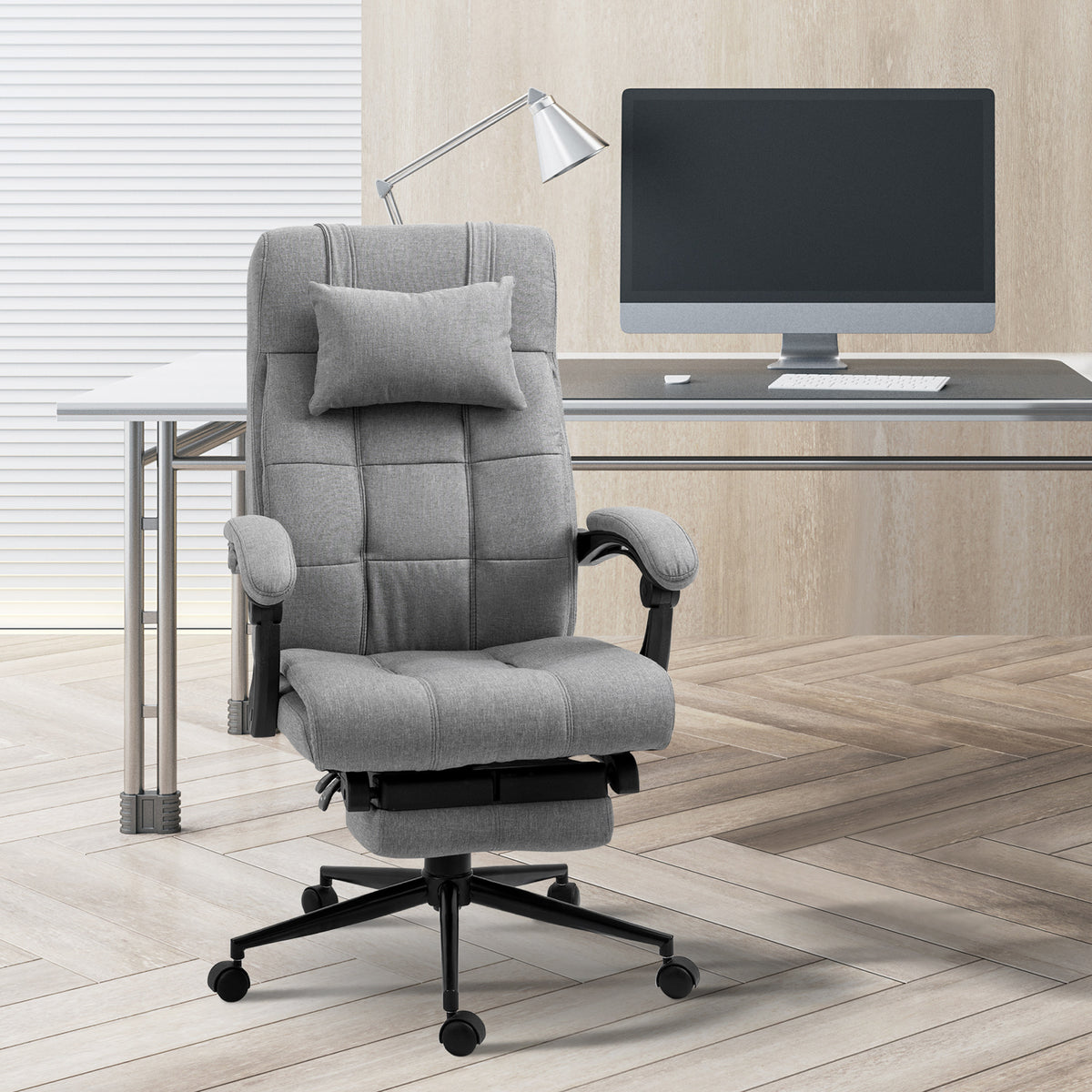 Vinsetto Executive Linen Feel Fabric Office Chair High Back Swivel Task Chair With Adjustable Height Upholstered Retractable Footrest, Headrest And Padded Armrest, Light Grey Grey Polyvinyl Chloride