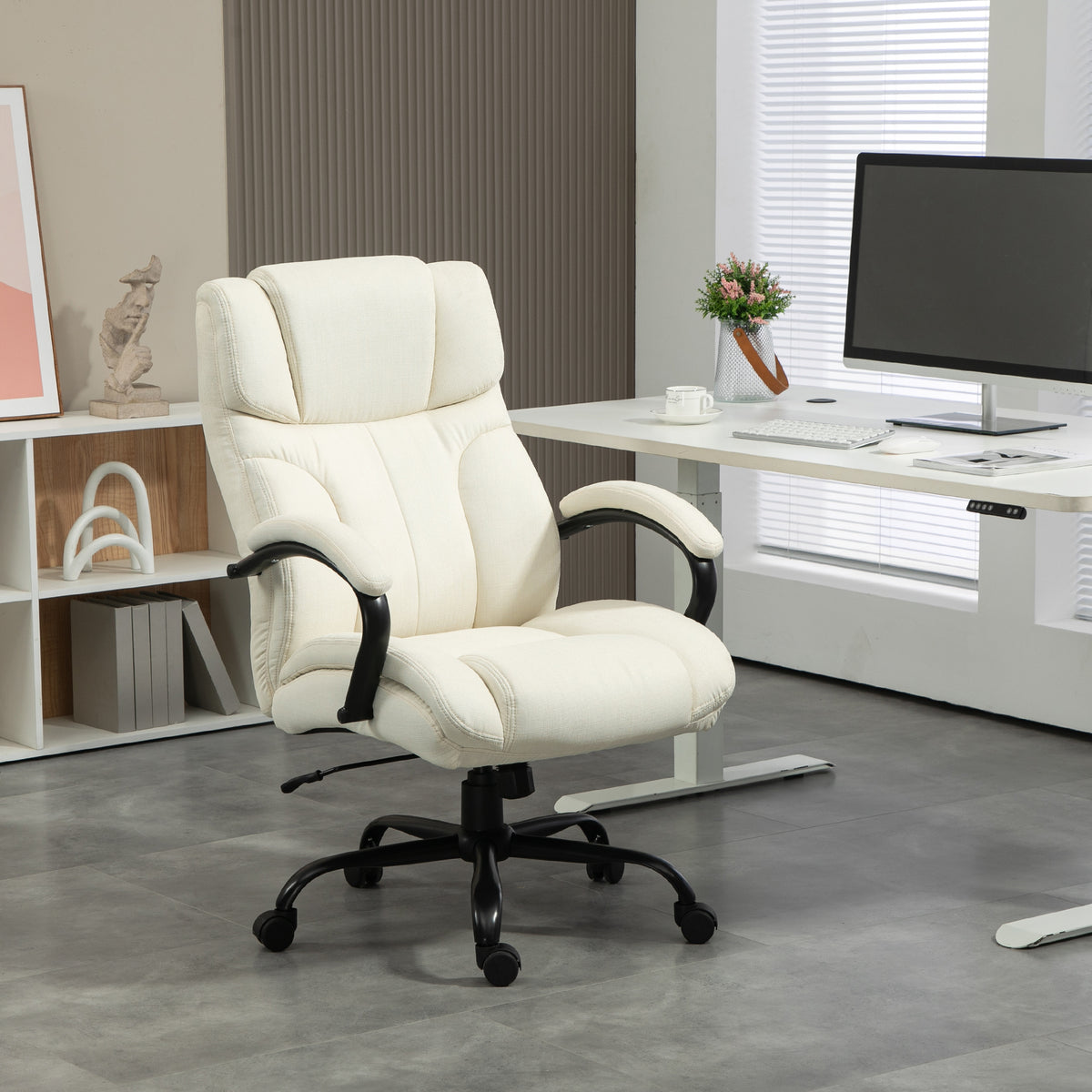 Vinsetto 500Lbs Big And Tall Office Chair With Wide Seat, Executive Computer Chair With Adjustable Height, Swivel Wheels And Linen Finish, Cream White Cream White Linen