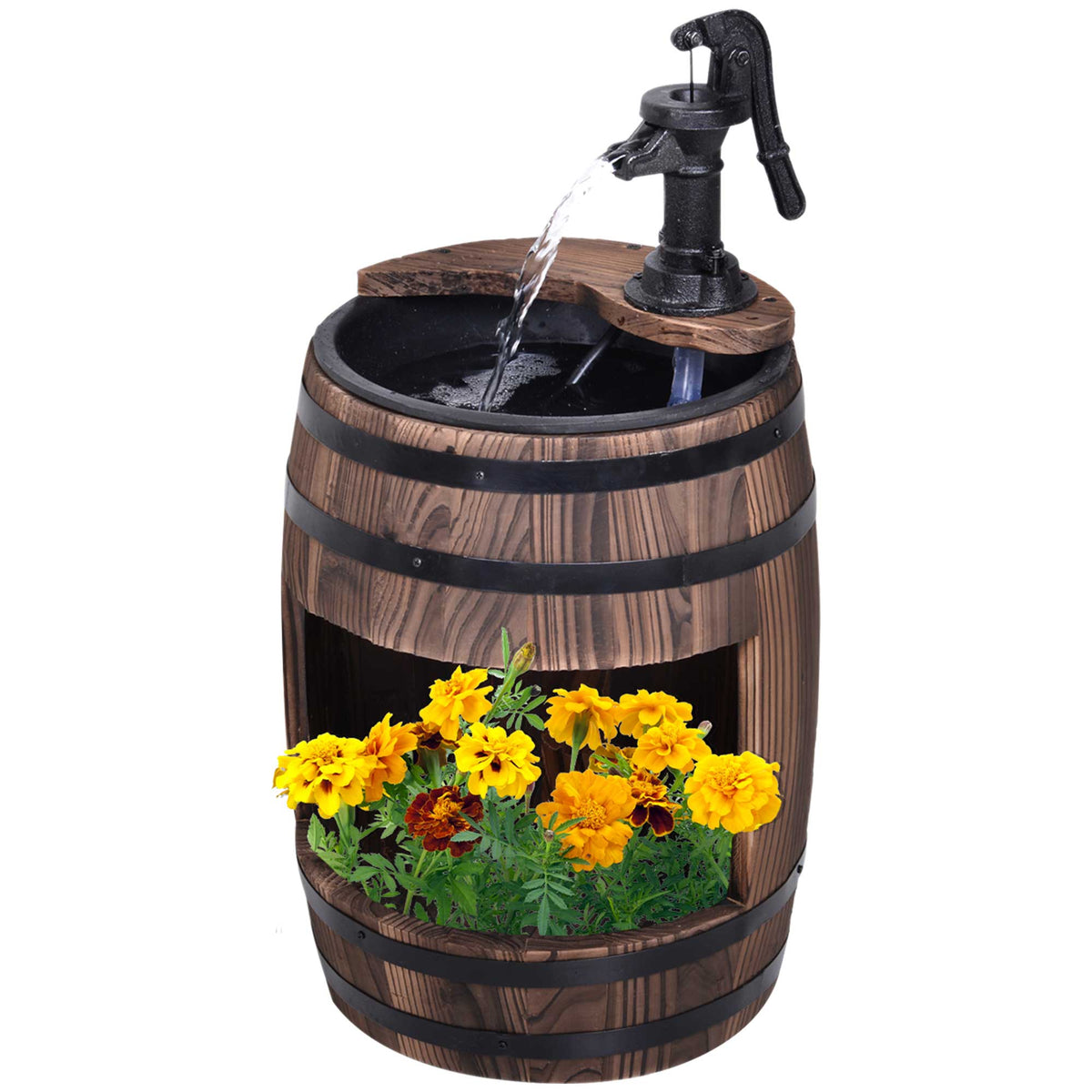 Outsunny 23" H Outdoor Water Fountain Wood And Metal Rustic Apple Barrel Pump Garden Decor For Outside Backyard Brown Wood