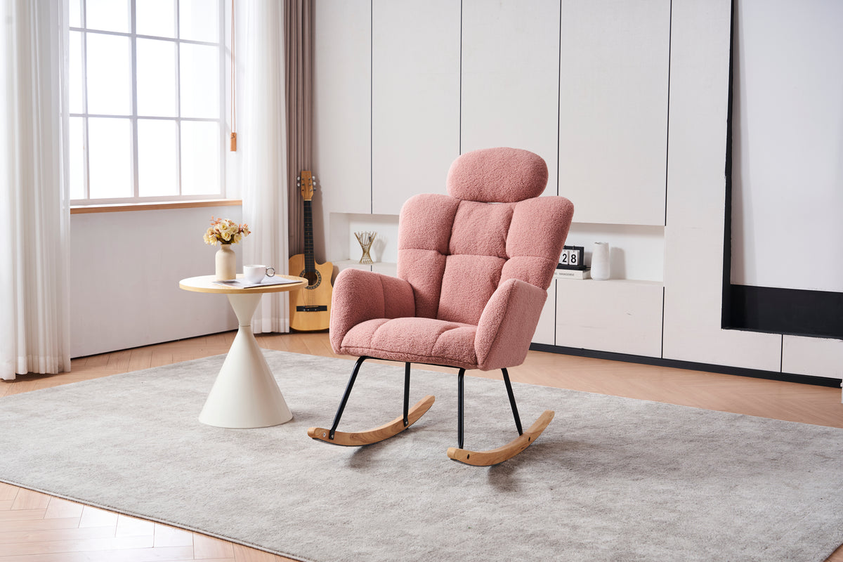 055 Teddy Fabric Upholstered Nursery Rocking Glider Chair Mid Century Modern Accent Arm Chair Padded Seat With High Backrest And Pillows For Living Room Bedroom Offices Pink Teddy Headrest Solid