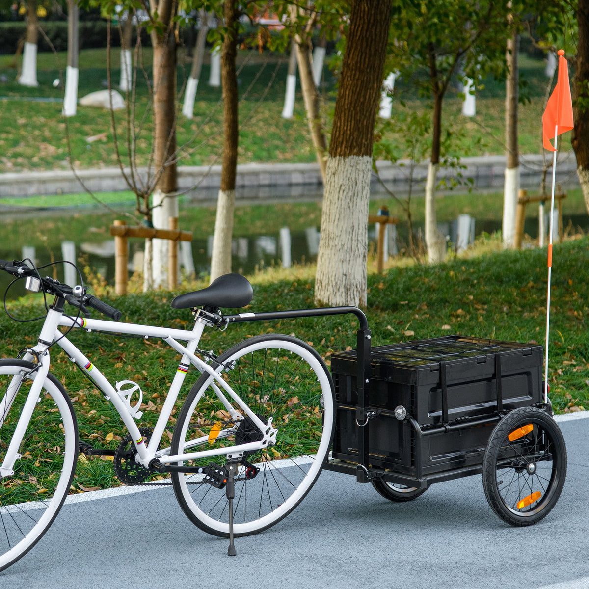 Aosom Bike Cargo Trailer, Bicycle Trailer Wagon Cart With Removable Storage Box, Quick Release 16" Wheels And Safe Reflectors, Galvanized Bottom Black Steel