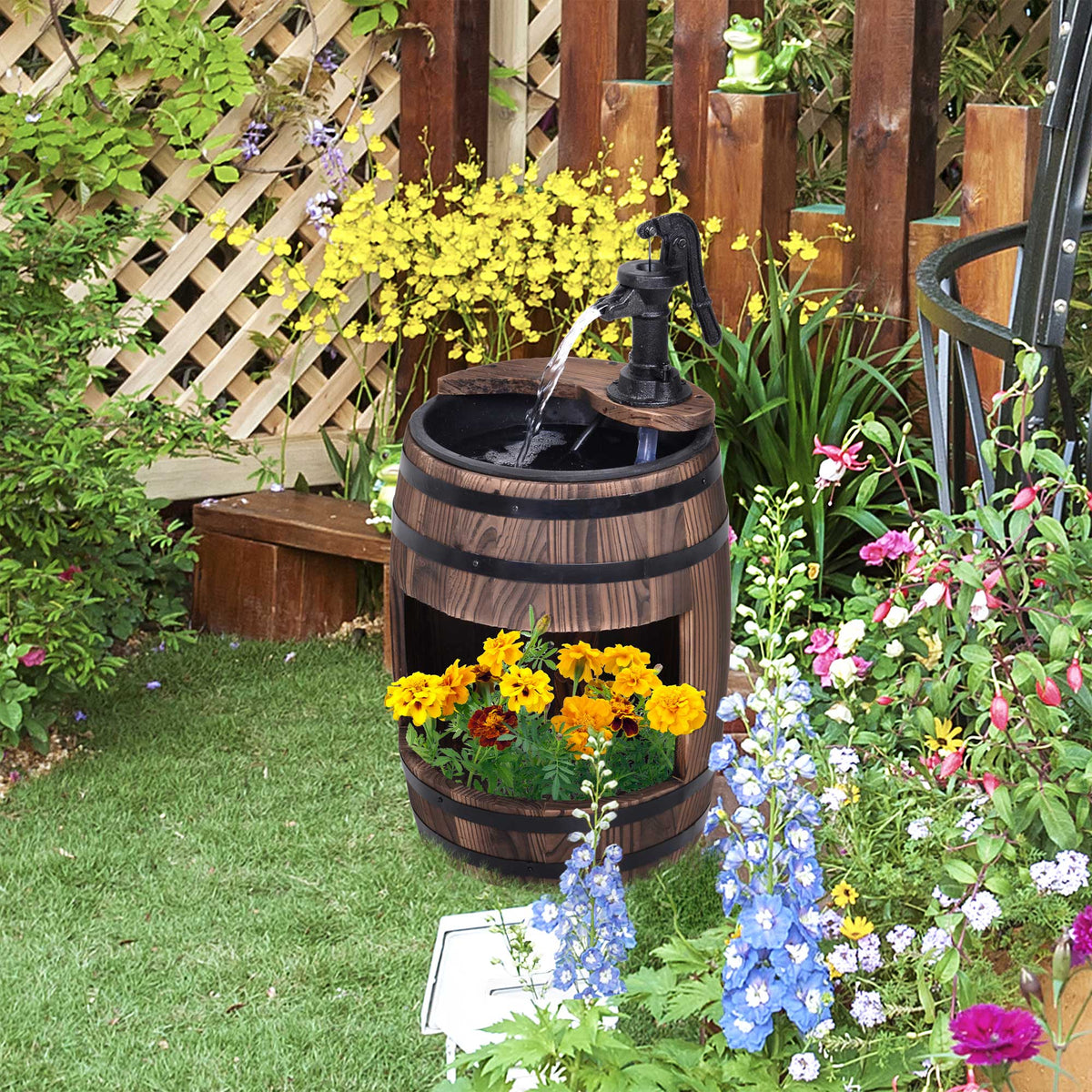 Outsunny 23" H Outdoor Water Fountain Wood And Metal Rustic Apple Barrel Pump Garden Decor For Outside Backyard Brown Wood