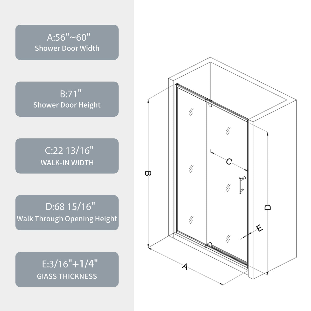 56 60" W X 71" H Piovt Swing Glass Shower Door,Pivot Frame Sliding Shower Door With 1 4" 6Mm Clear Sgcc Tempered Glass,Chrome Finish Shower Doors,Reversible Installation Chrome Bathroom Aluminium Alloy