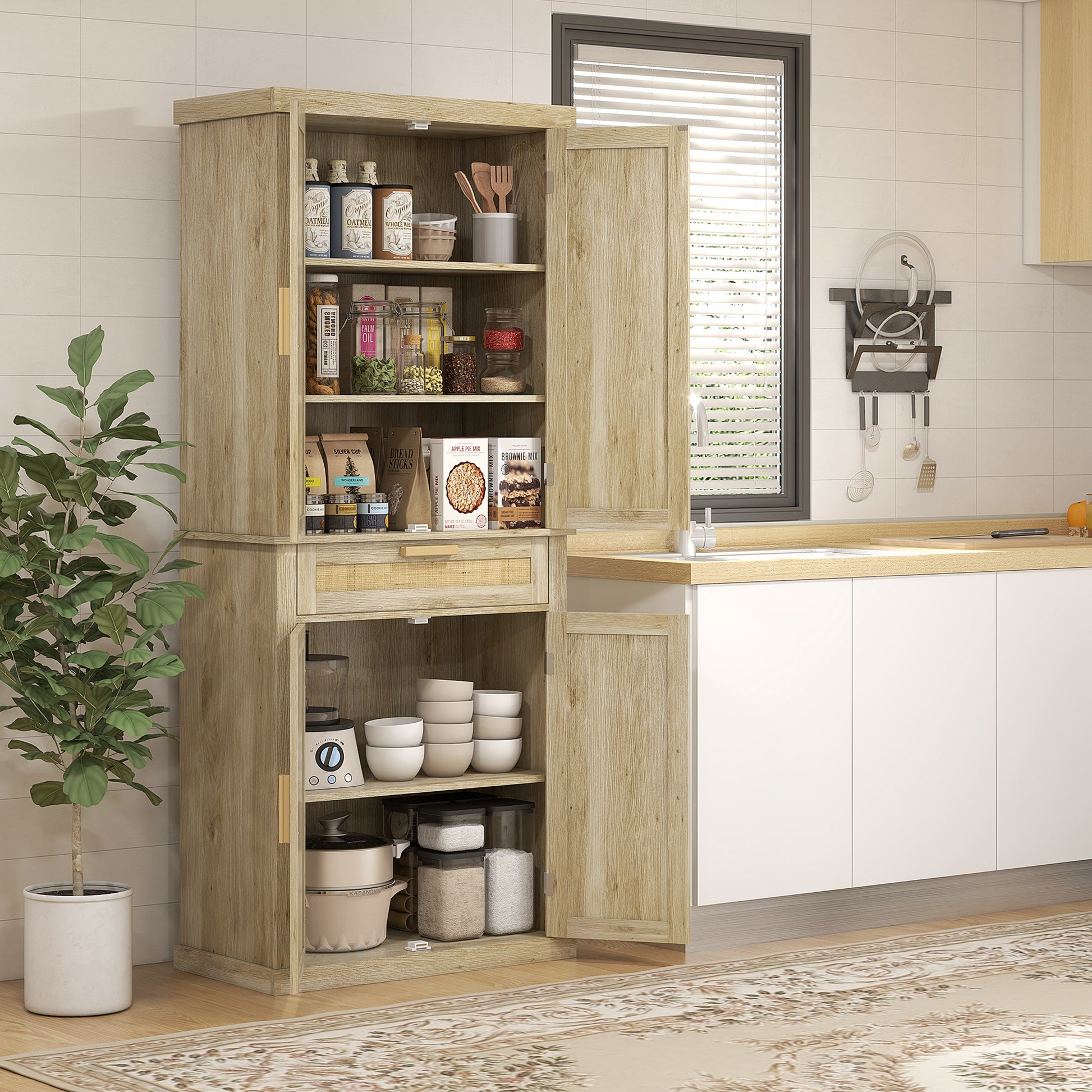 Homcom 72" Tall Pantry Cabinet With Rattan Decorated Panel, Freestanding Boho Kitchen Storage Cabinet With 4 Doors, Drawer, 5 Tier Shelf And Adjustable Shelves, Oak Oak Particle Board