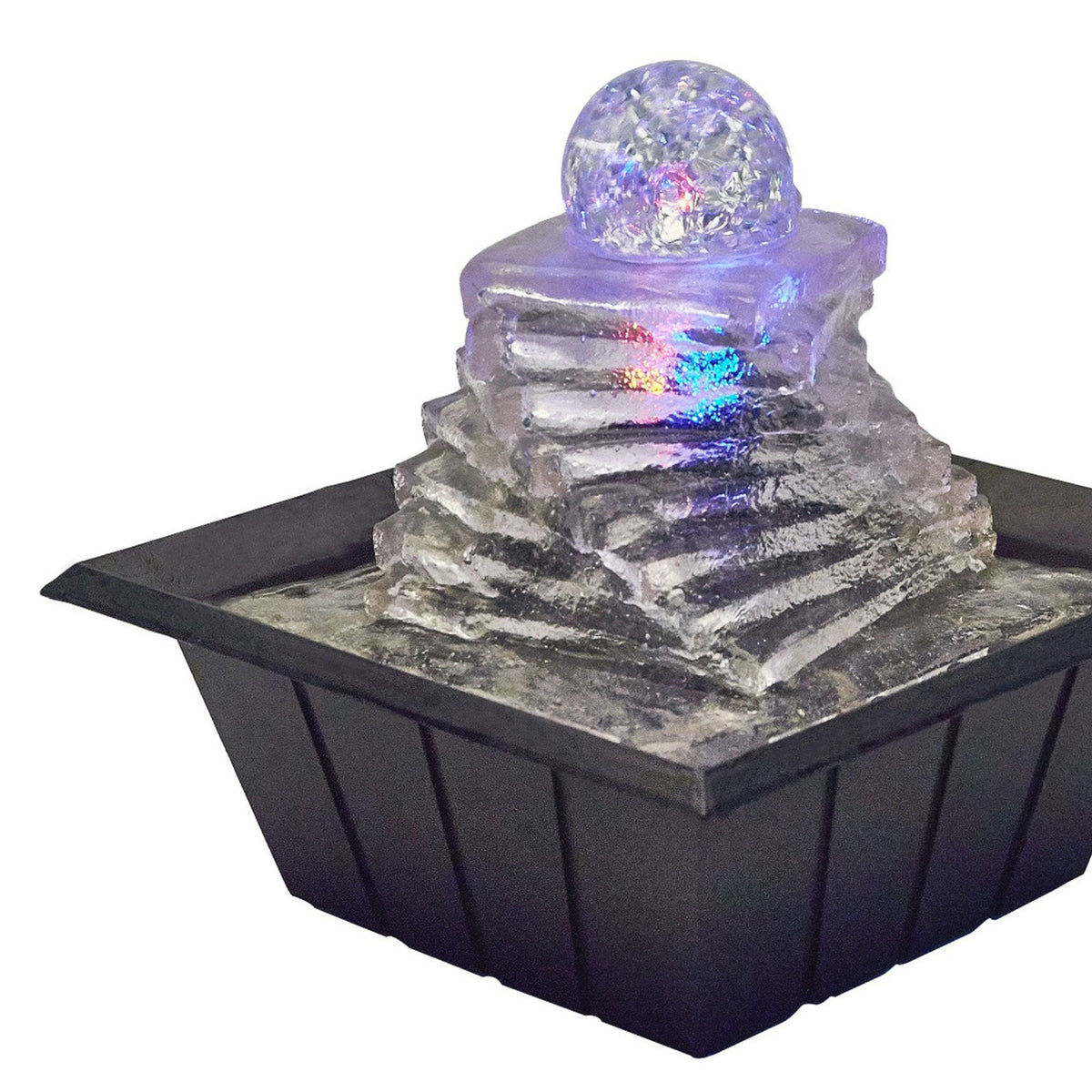 8" Tall Polyresin Indoor Fountain, Led Light And 1L Capacity, Spiral Ice Design Clear Polyresin