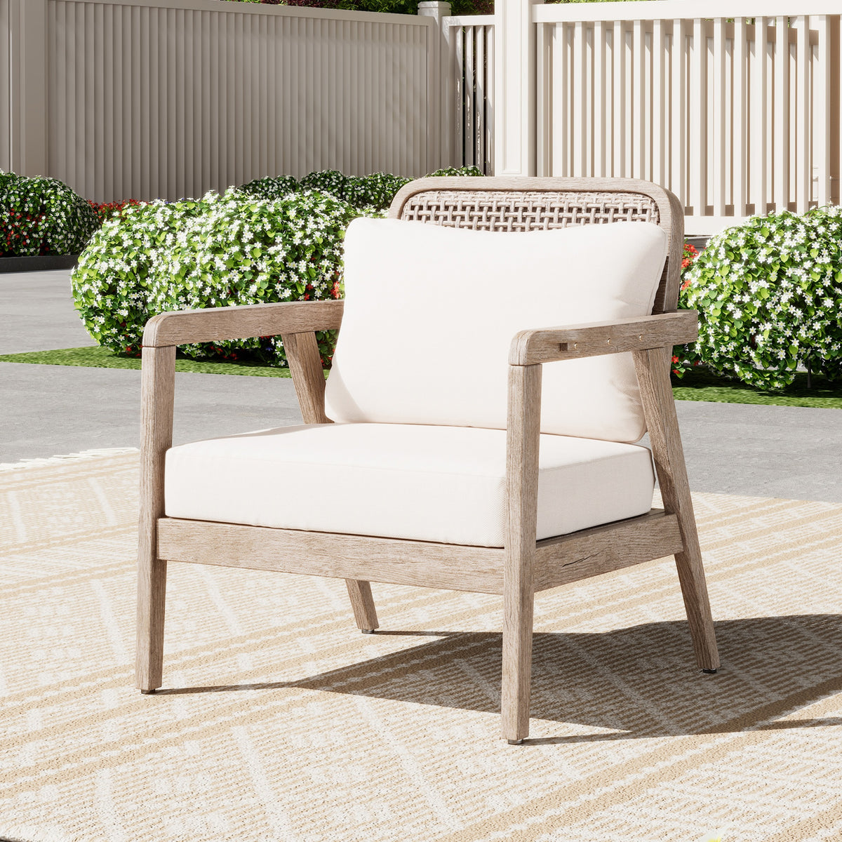 Outdoor Acacia Wood Patio Club Chair, Patio Furniture,Waterproof Thick Cushion Deep Seating For Porch, Garden, Backyard, Balcony, Weight Capacity 400Lbs, Light Brown Finish, Cream Cushion Deep Seating Light Brown Garden & Outdoor Foam Acacia Wood