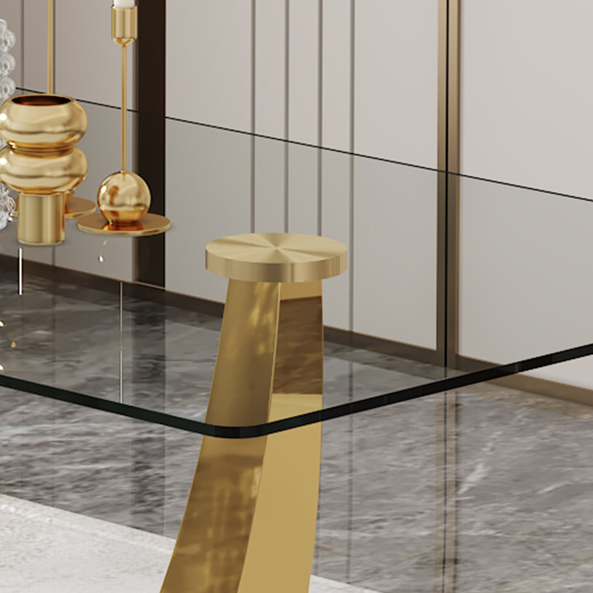 Table And Chair Set.Modern Rectangular Dining Table With Transparent Tempered Glass Tabletop And Gold Plated Metal Legs.Paried With 6 Comfortable Chairs With Pu Seats And Golden Metal Legs. Transparent,White Gold Seats 6 Glass Metal