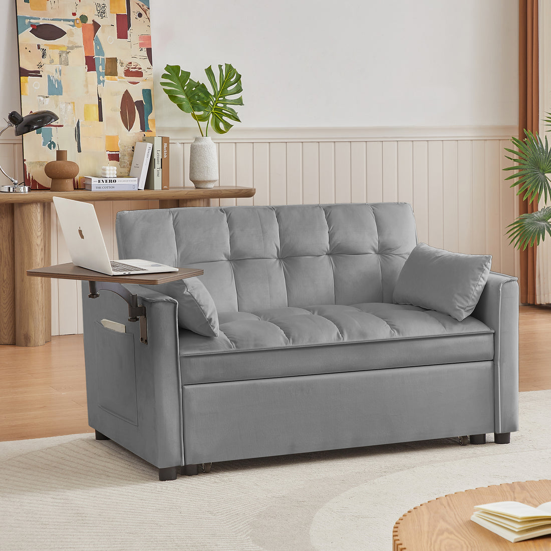 Grey Velvet Loveseat Sofa Bed Gray Wood Tufted Back Square Arms Foam Velvet 2 Seat