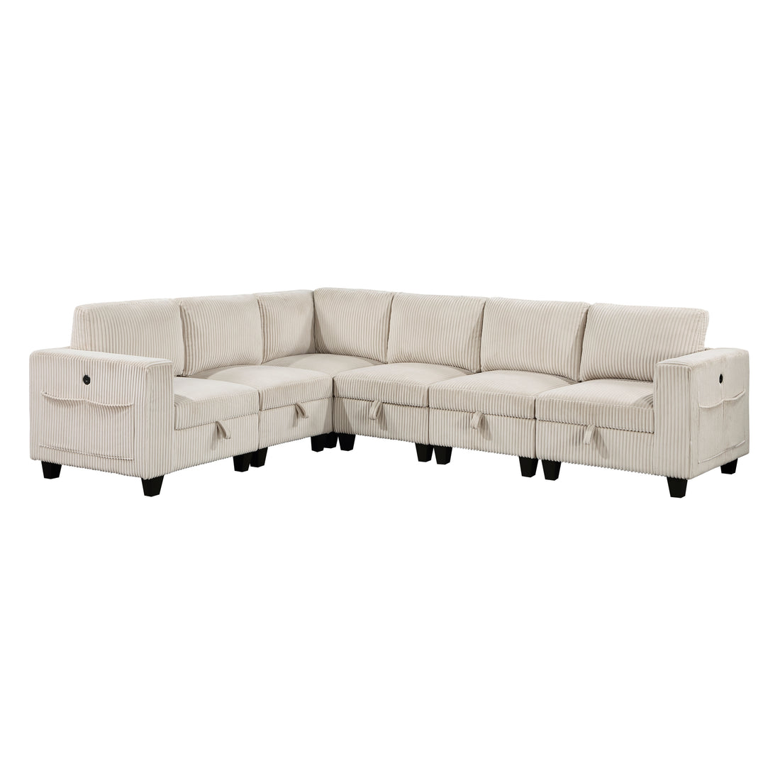 6 Piece Modular Sectional With Storage Seats, Side Pockets, Charging Ports Beige Corduroy Fabric Modern Living Room Sectional Couch Solid Wood Furniture Beige Polyester Wood Primary Living Space Modern Solid Wood 6 Seat