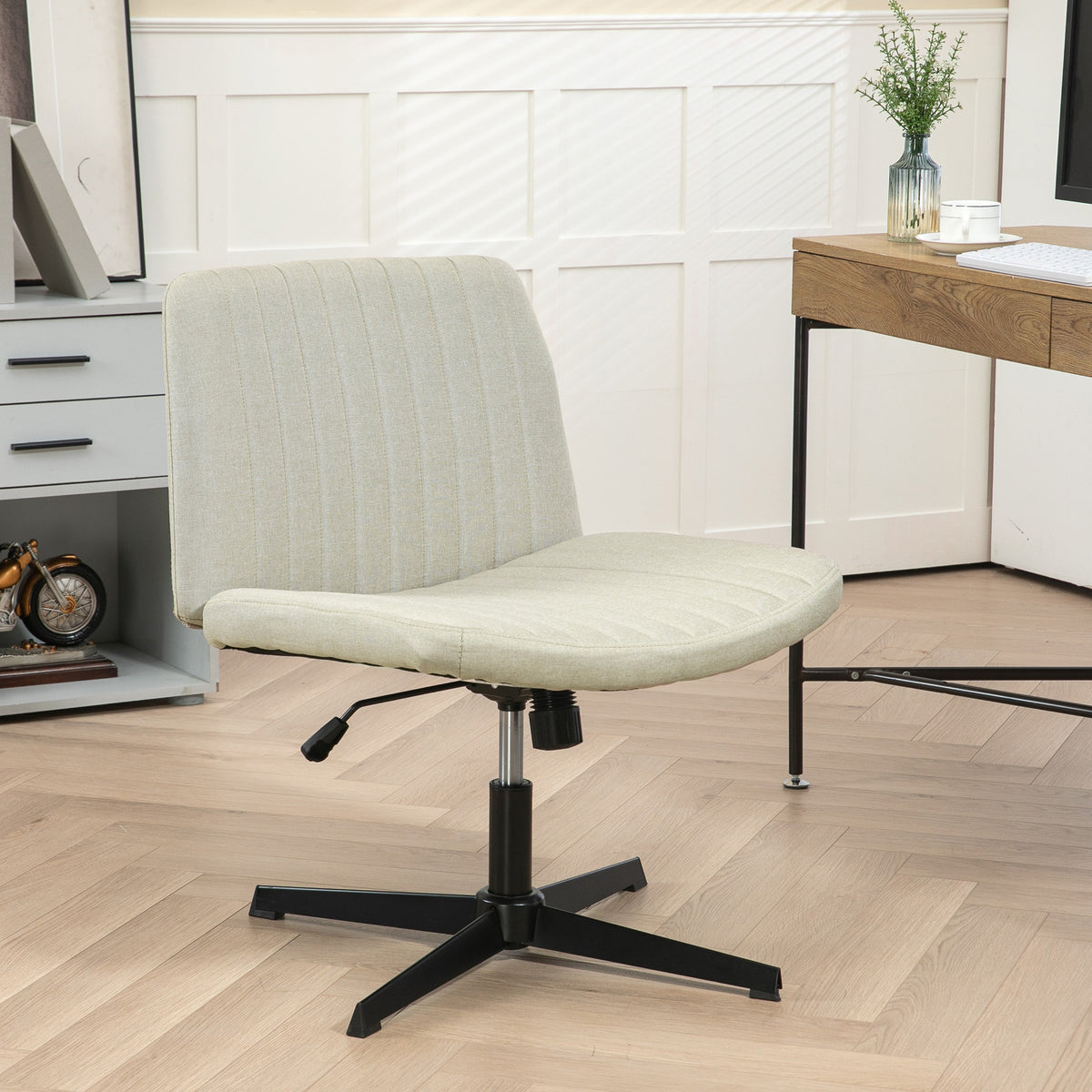 Homcom Wide Office Chair, Armless Office Desk Chair, Computer Fabric Vanity Chair With Adjustable Height, Beige Beige Polyester