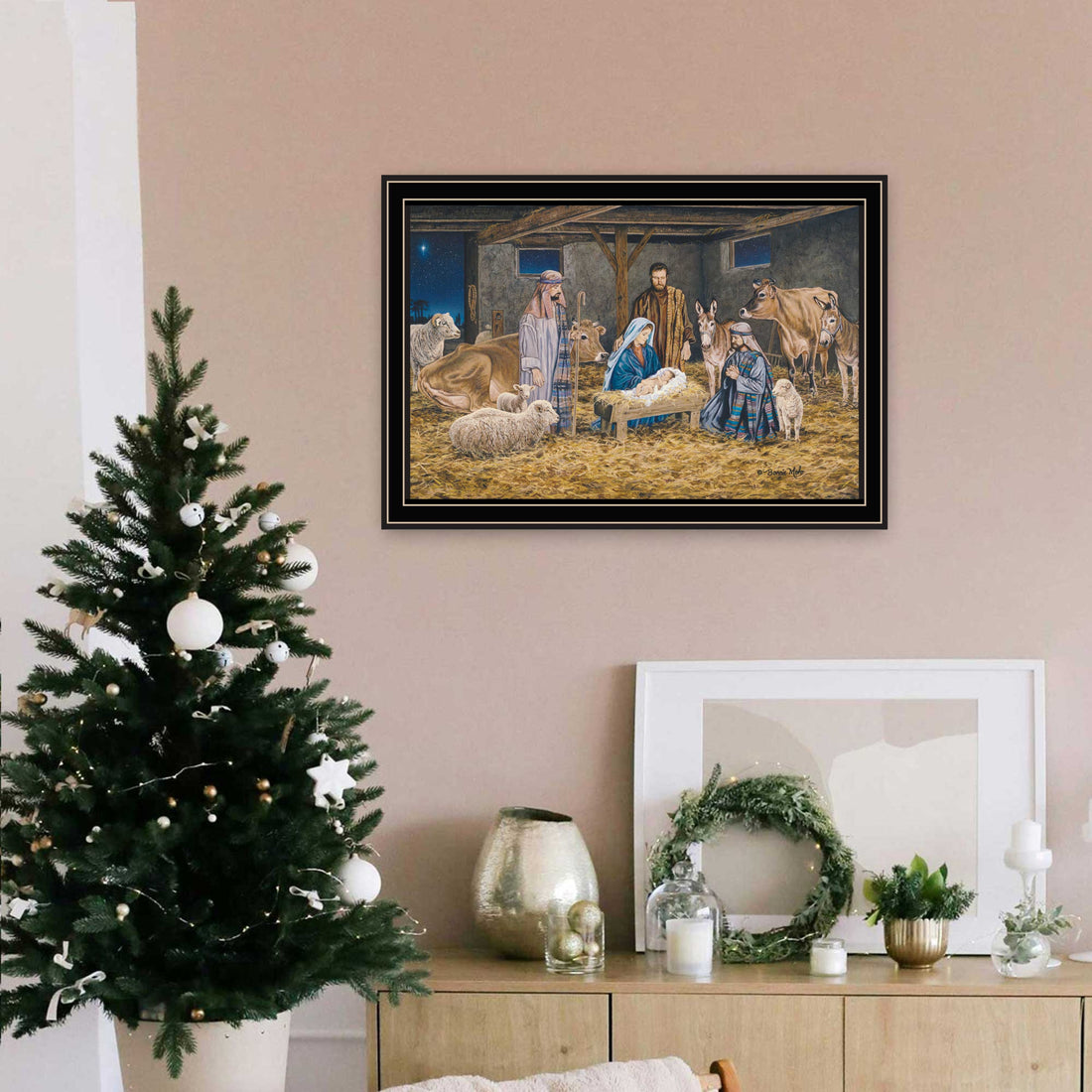 The Greatest Gift Of All The Birth Of Christ Black Framed Wall Art For Living Room, Nativity Wall Art Print For Home Decor, Bedroom Wall Art By Bonnie Mohr Multicolor Wood Paper