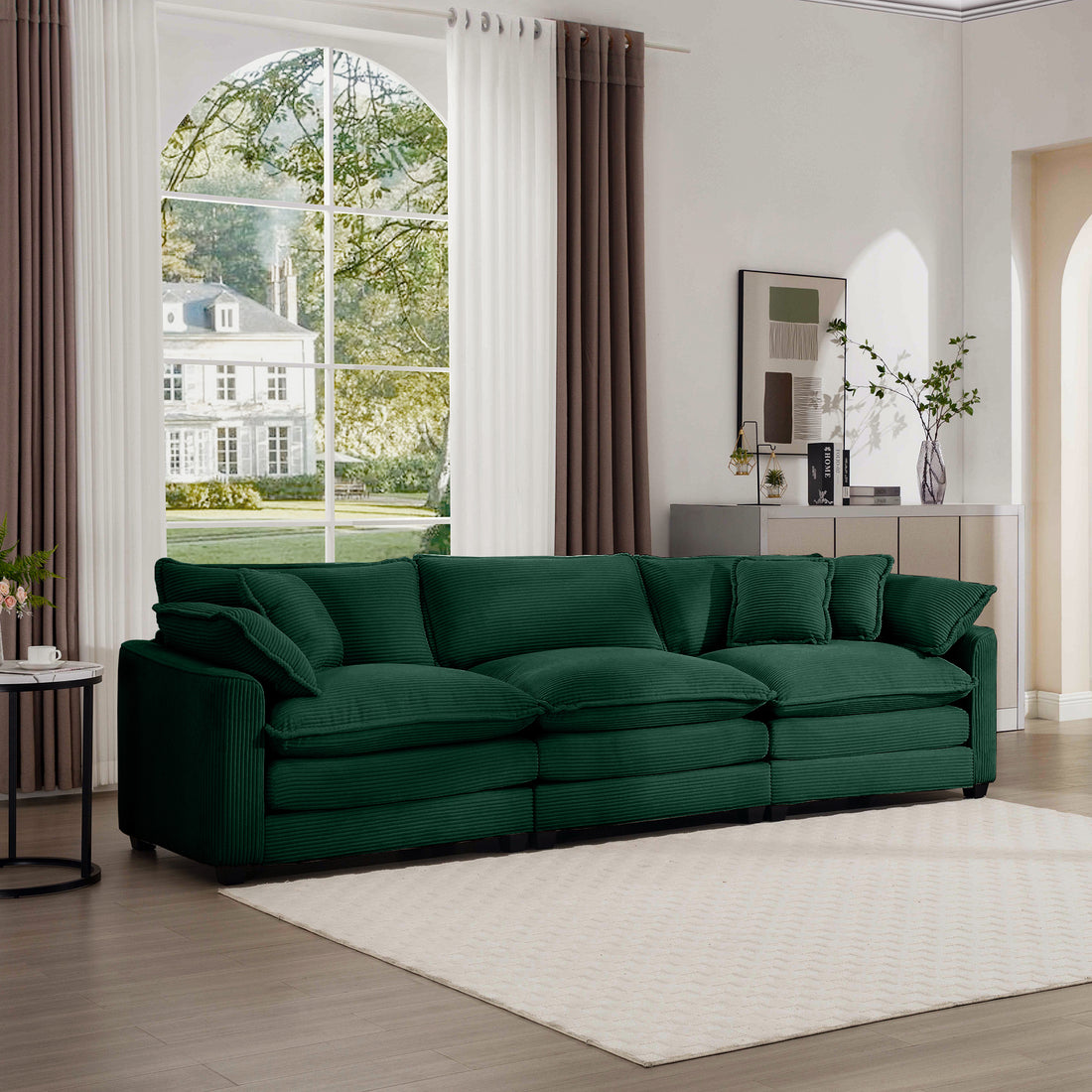 Mid Century Modern Sectional Sofa 3 Seater Sectional Sofa With 2 Arm Pillows And 3 Pillows, Living Room Sectional Green Corduroy Fabric Green Corduroy 3 Seat