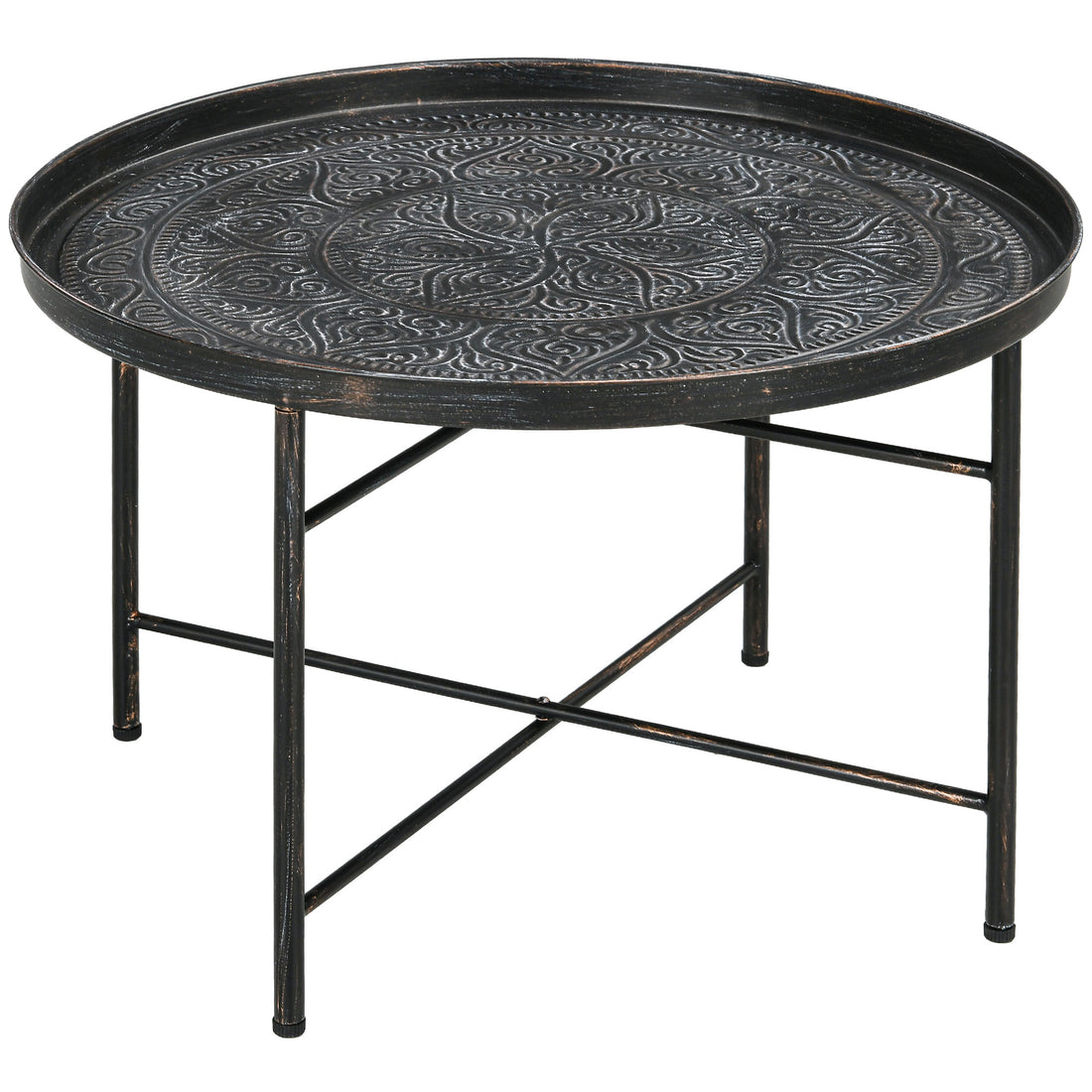 Homcom 24" Round Coffee Table With Hammered Tray Top, Vintage Metal Center Table For Living Room, Bedroom, Side Table, Pewter Pewter Metal