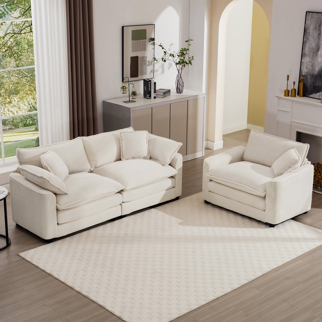 Modern Living Room Sofa Two Piece Set, Suitable For Living Roomset Of 2 Sofa Set With A Single Sofa And A 2 Seater Sofa,Light Beige Corduroy Beige Corduroy 3 Seat