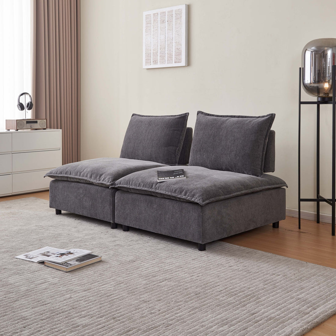 Modern Armless Accent Chair, Single Sofa Couch With Ottoman Compact Design, Space Saving Seating For Living Room, Bedroom, Apartment, Office Gray Wood Medium Soft Foam Chenille 1 Seat