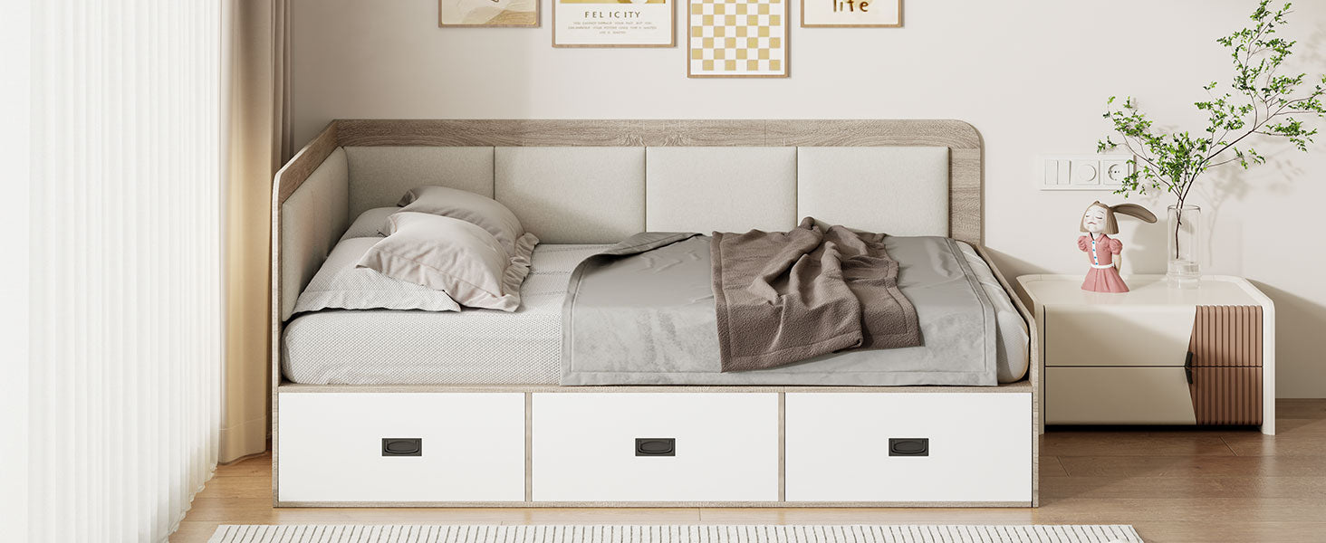 Full Size Daybed With Three Drawers And Three Storage Compartments, Nature Beige Full Beige Natural Mdf