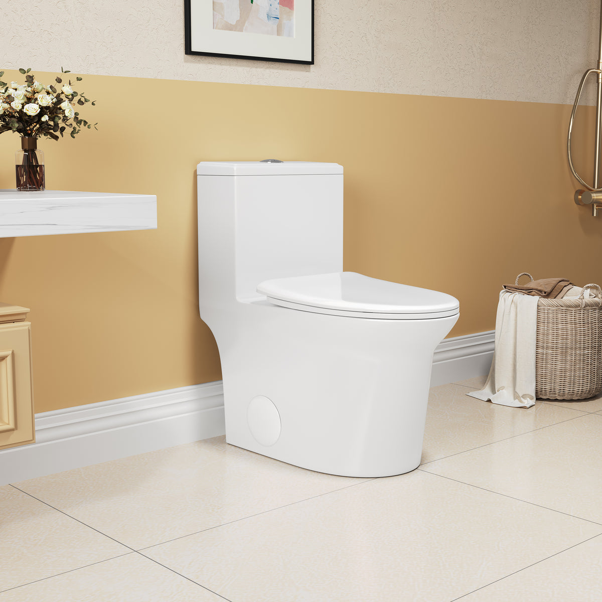1.1 1.6 Gpf Elongated Comfort Height Super Quite Flushing Floor Mounted One Piece Toilet, Cupc Certified, Watersense Cetified, Ceramic, White Color, Soft Close Seat White Ceramic