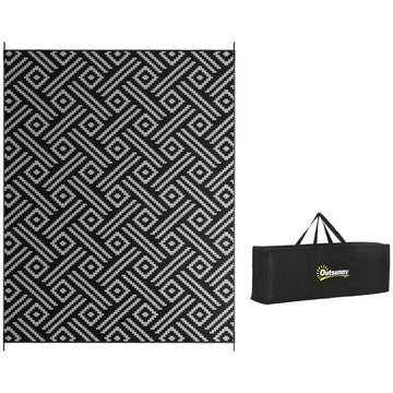 Outsunny Reversible Outdoor Rug, 9' X 12' Waterproof Plastic Straw Floor Mat, Portable Rv Camping Carpet With Carry Bag, Large Floor Mat For Backyard, Deck, Picnic, Beach, Black & Gray Geometric Multicolor Polypropylene