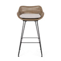 Outdoor 29.25'' Wicker And Iron Barstool With Cushion Set Of 2 Light Brown Garden & Outdoor Pe Rattan Iron Waterproof Fabric