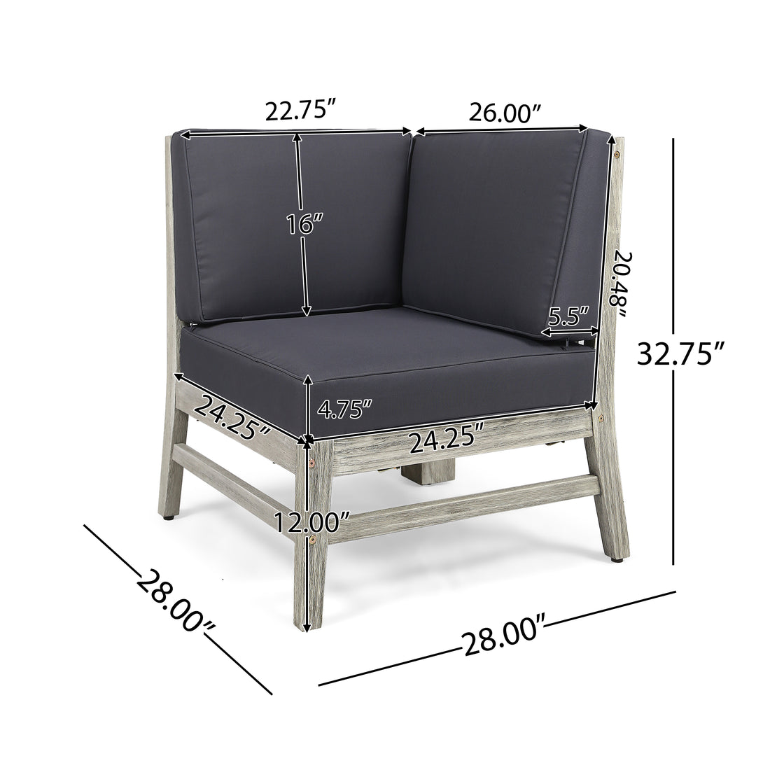 Perla Corner Chair, Grey Dark Grey Acacia Wood