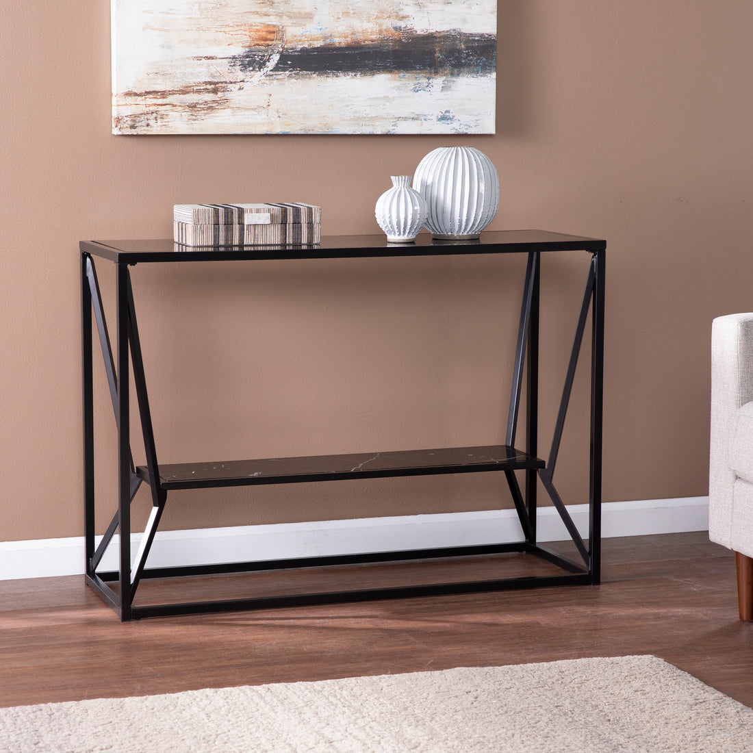 Argall Long Glass Top Console Table Black Iron