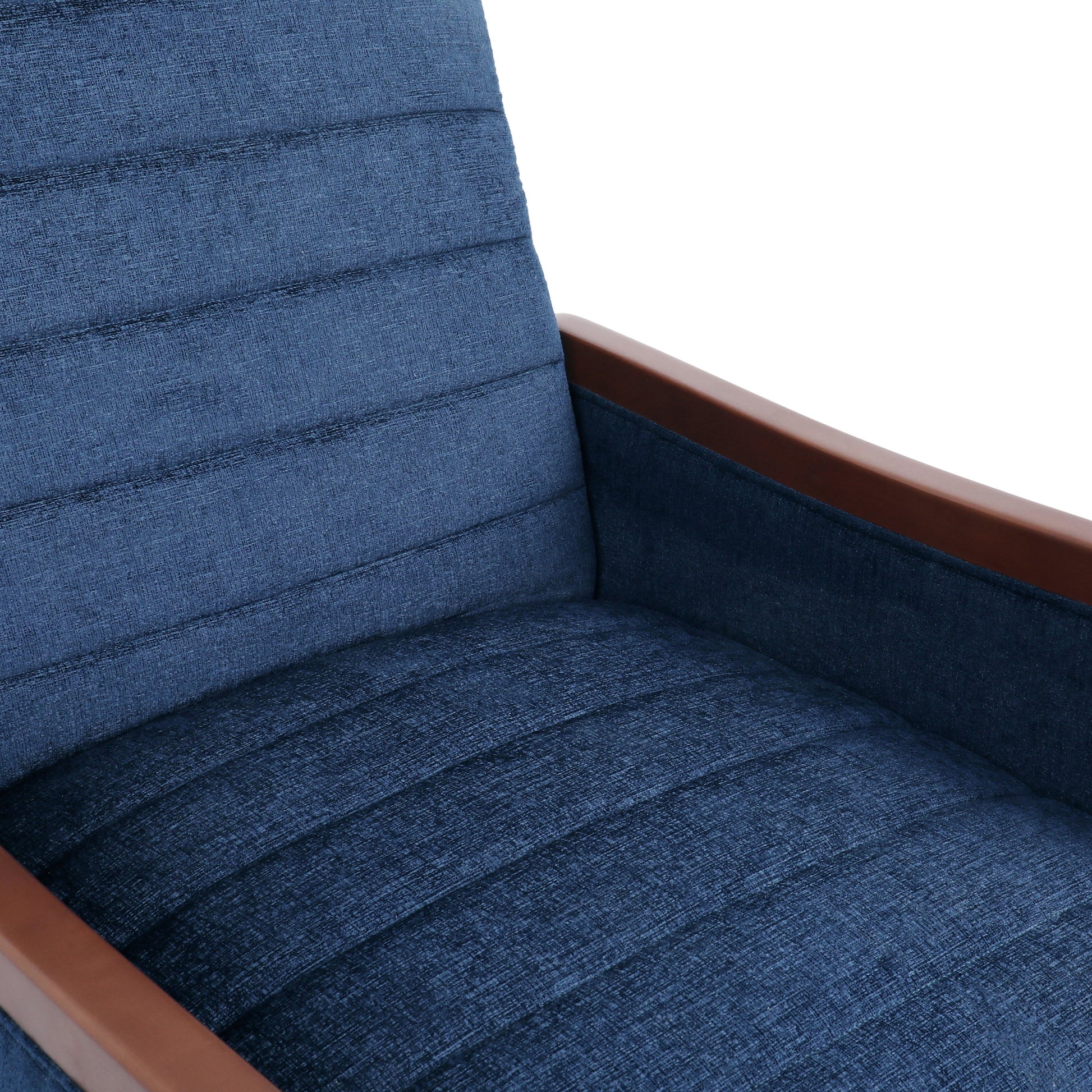 Mid Century Modern Fabric Channel Stitch Wood Pushback Recliner Navy Blue Fabric