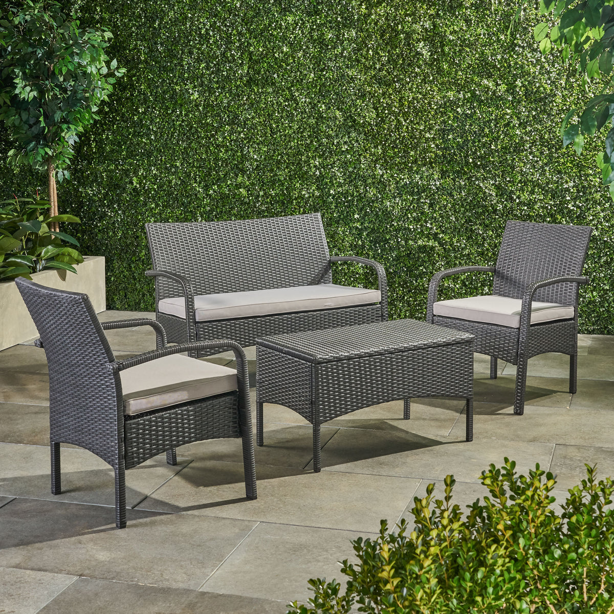 Cordoba Kd Wicker 4 Pc Chat Set Grey Pe Rattan Iron Waterproof Fabric