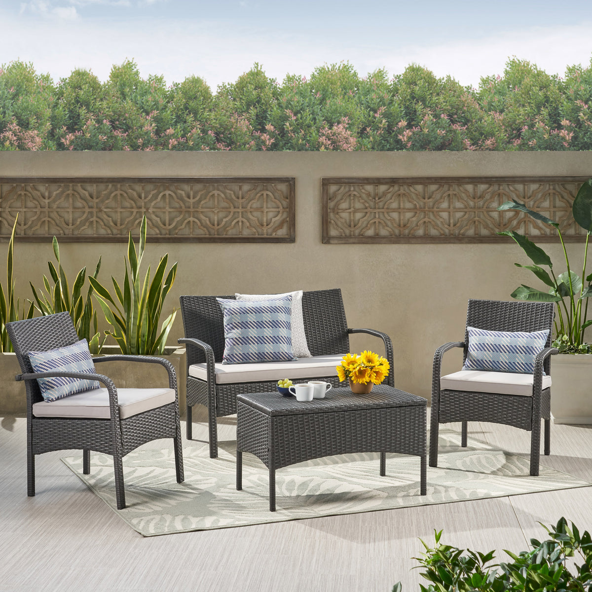 Cordoba Kd Wicker 4 Pc Chat Set Grey Pe Rattan Iron Waterproof Fabric